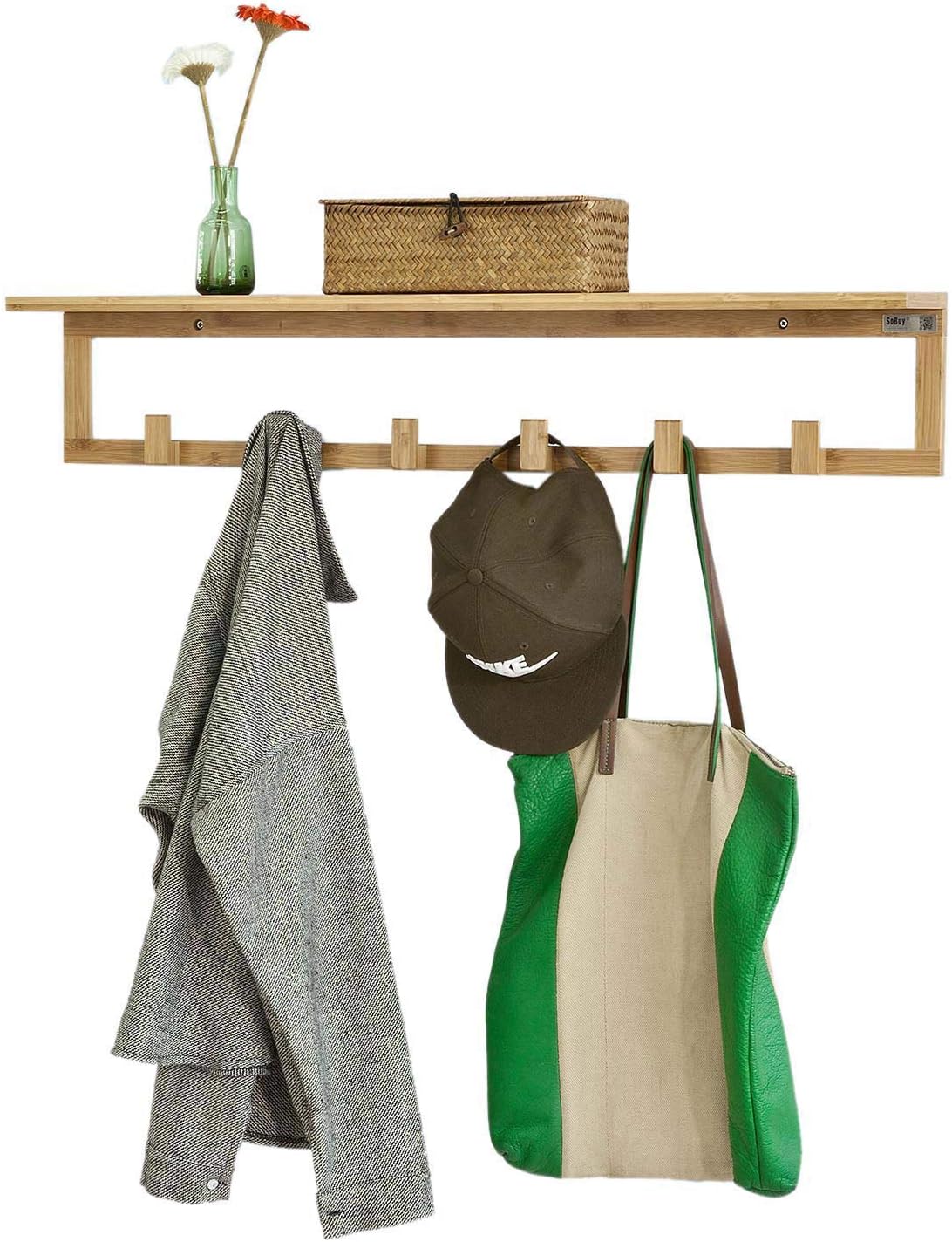 Amazon Co Jp Sobuy ウォールシェルフ ウォールハンガー 壁掛け フック 竹製 幅90 飾り棚 壁掛けラック おしゃれ 収納 整理整頓 帽子掛け 洋服掛け コート掛け 玄関 浴室 キッチン オフィス コートハンガー ハンガーフック Fhk06 N ホーム
