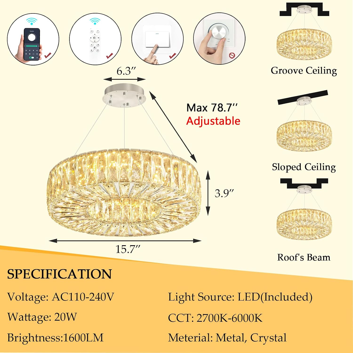 16 Inch LED Chandeliers for Dining Room Modern Crystal Ceiling Chandelier Hanging Lighting Fixtures for Bedroom Hallway LED Dimmable Lights Interior Rooms Light Silver