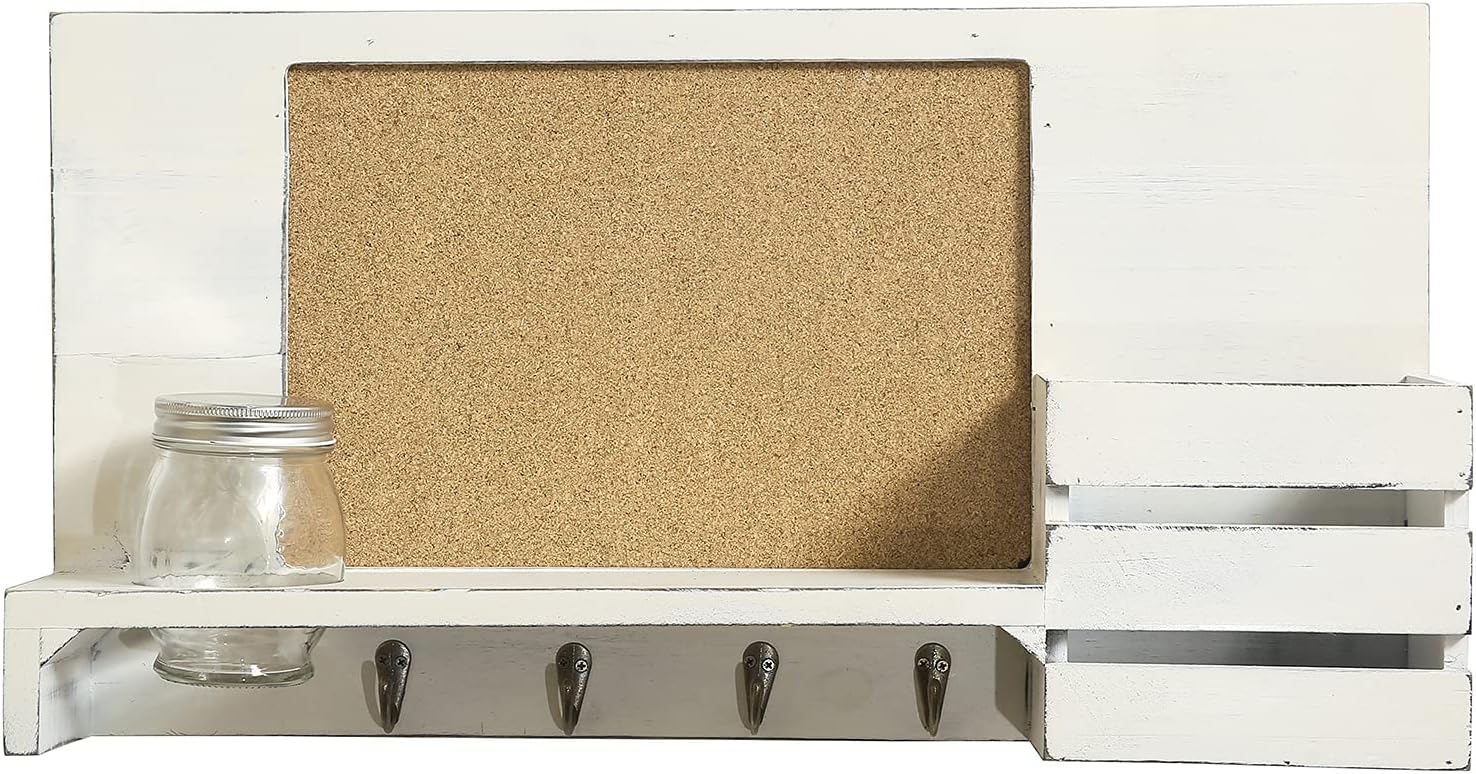 MyGift Entryway Wall Organizer Vintage White Wood Entryway Rack Mail Sorter with Corkboard, 4 Brass Metal Hooks & Glass Vase