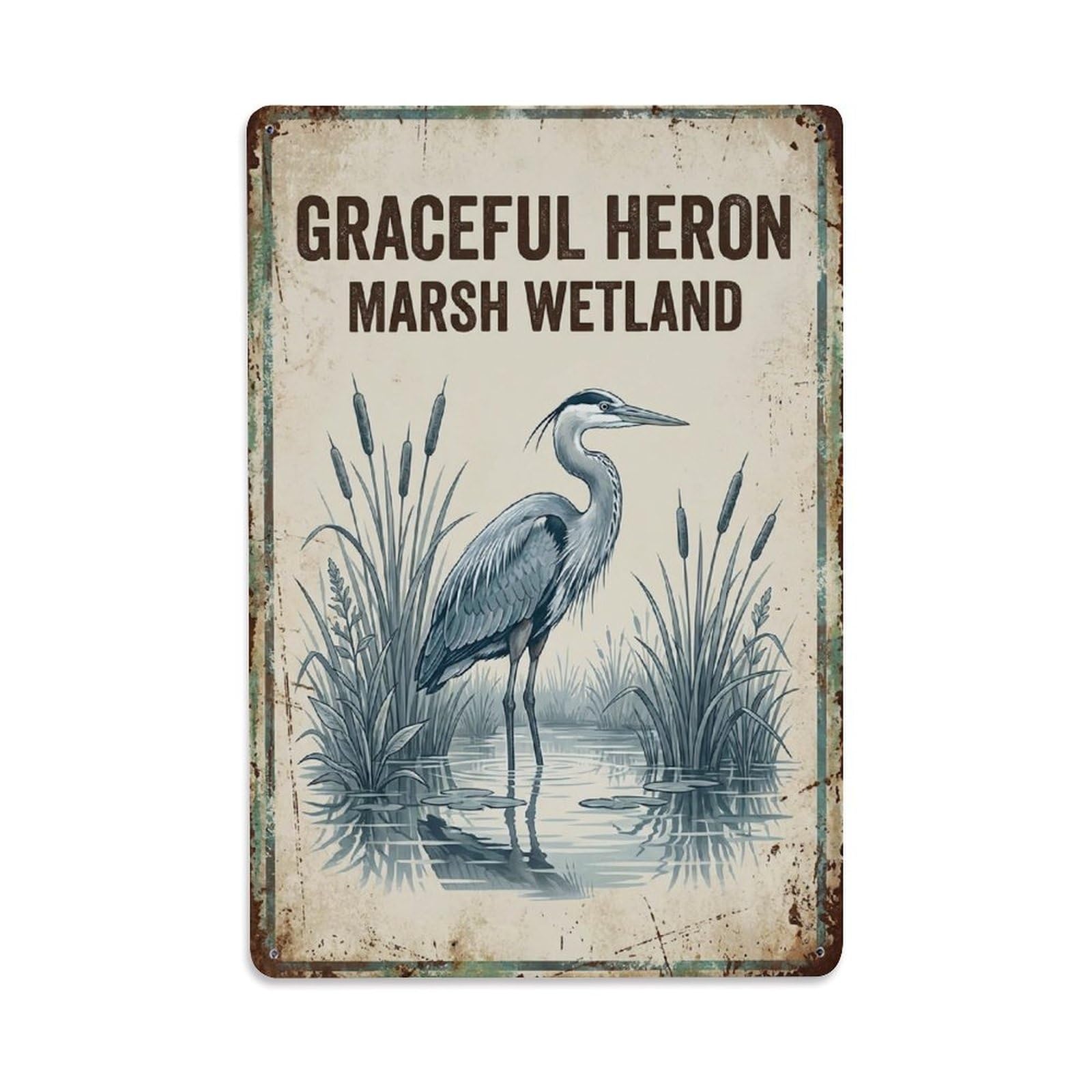 Graceful Heron Marsh Wetland Shore Metal Tin Sign