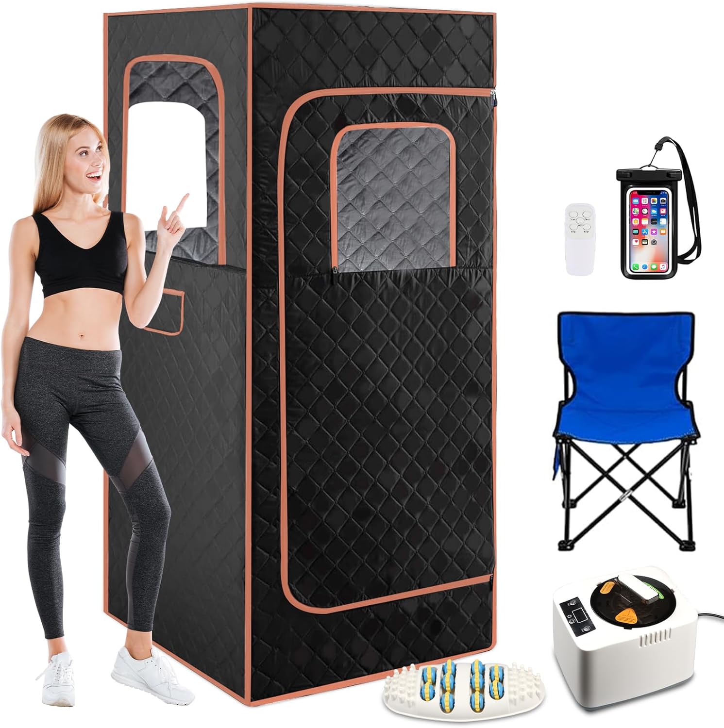 Portable Steam Sauna for Home – Full Body Sauna Box Kit with 2.6L 1200W Steamer, Remote Control, Folding Chair, Mat, Foot Rest – Personal Sauna Tent for Gym Home Outdoor (2.6′ x 2.6′ x 6′)