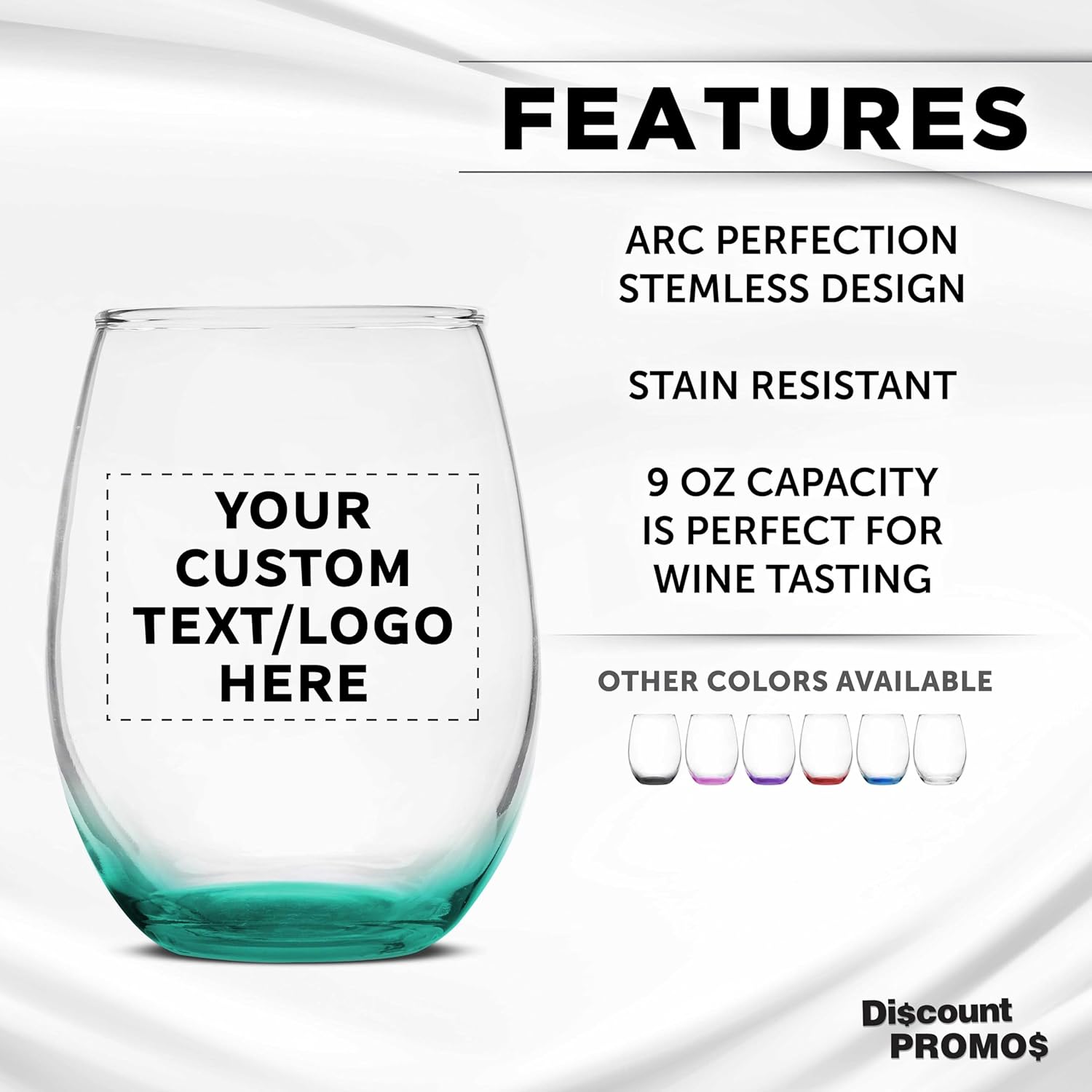 DISCOUNT PROMOS Custom Stemless Wine Glass 9 oz. Set of 10/50/100, Personalized Bulk Pack - Great for Wedding Favors, Bachelorette Party Decorations, Party Favors - Green