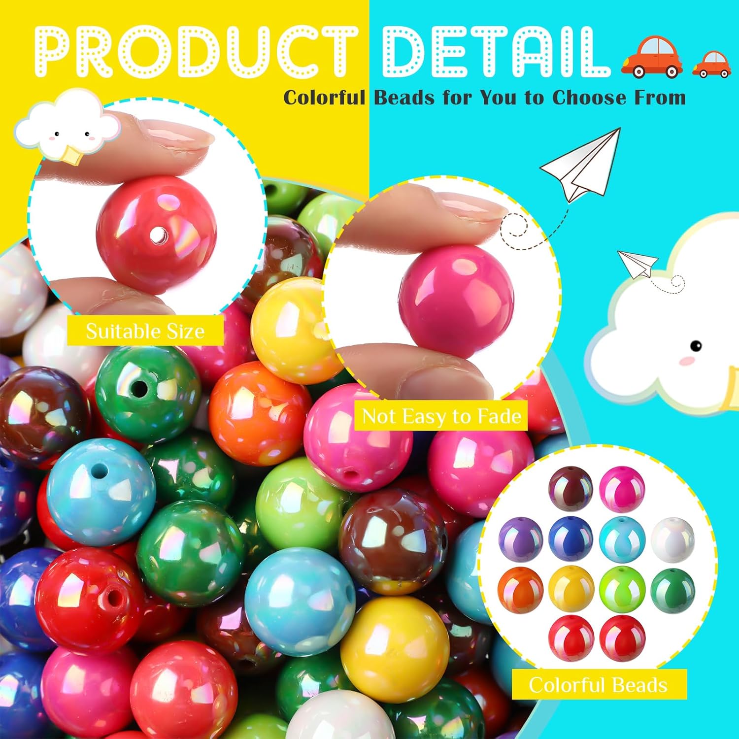 Huquary 170 Pcs Round Bubblegum Beads - 20 mm Multicolor Acrylic Chunky Beads Mixed Color Opaque with 3 mm Hole for Pen Necklace Jewelry Making Crafts Supplies (AB Color)