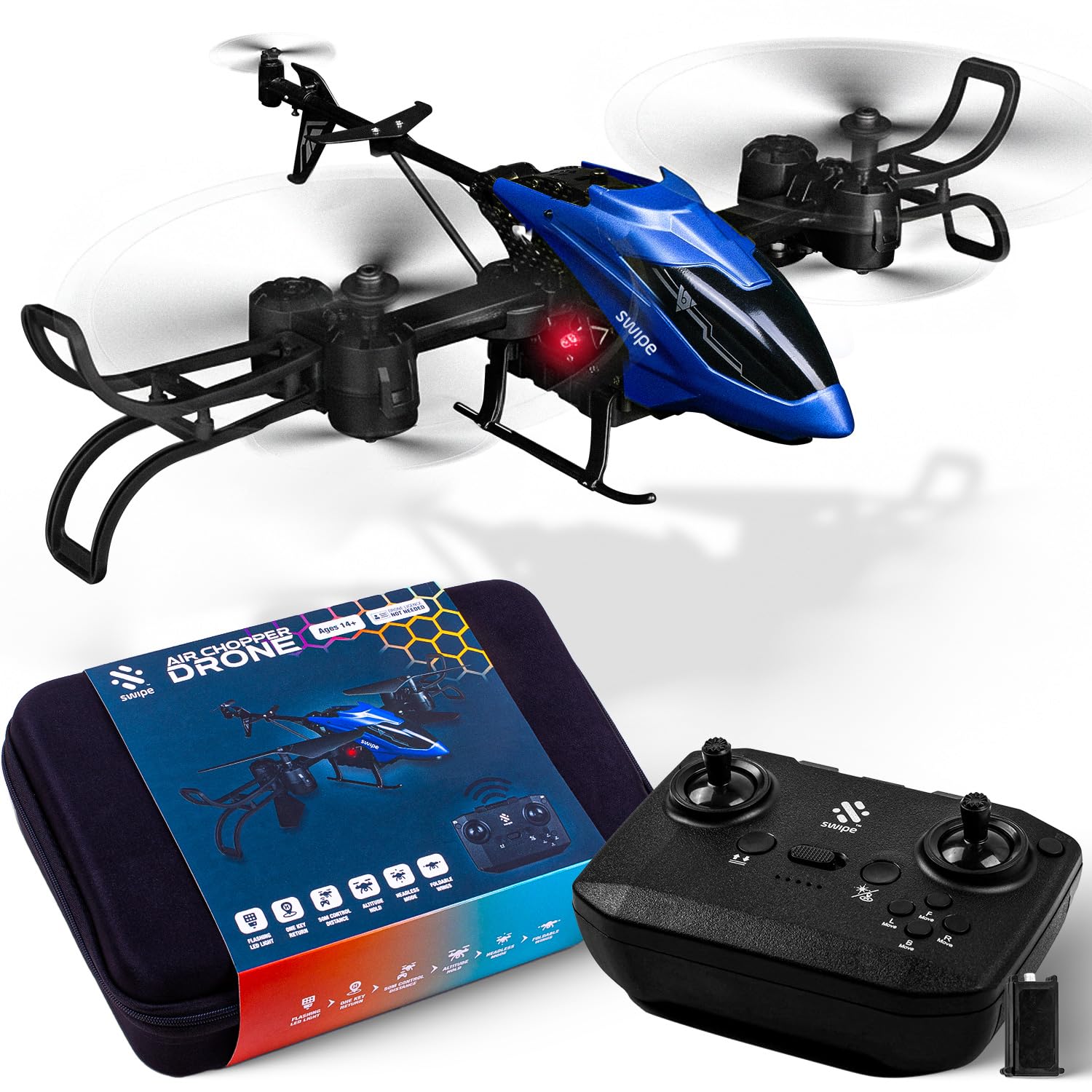 Swipe Air Chopper Drone, LED Lights, One-Key Return, 50m Range, Altitude Hold, Headless Mode, Foldable Wings, Beginner-Friendly, Ages 14+