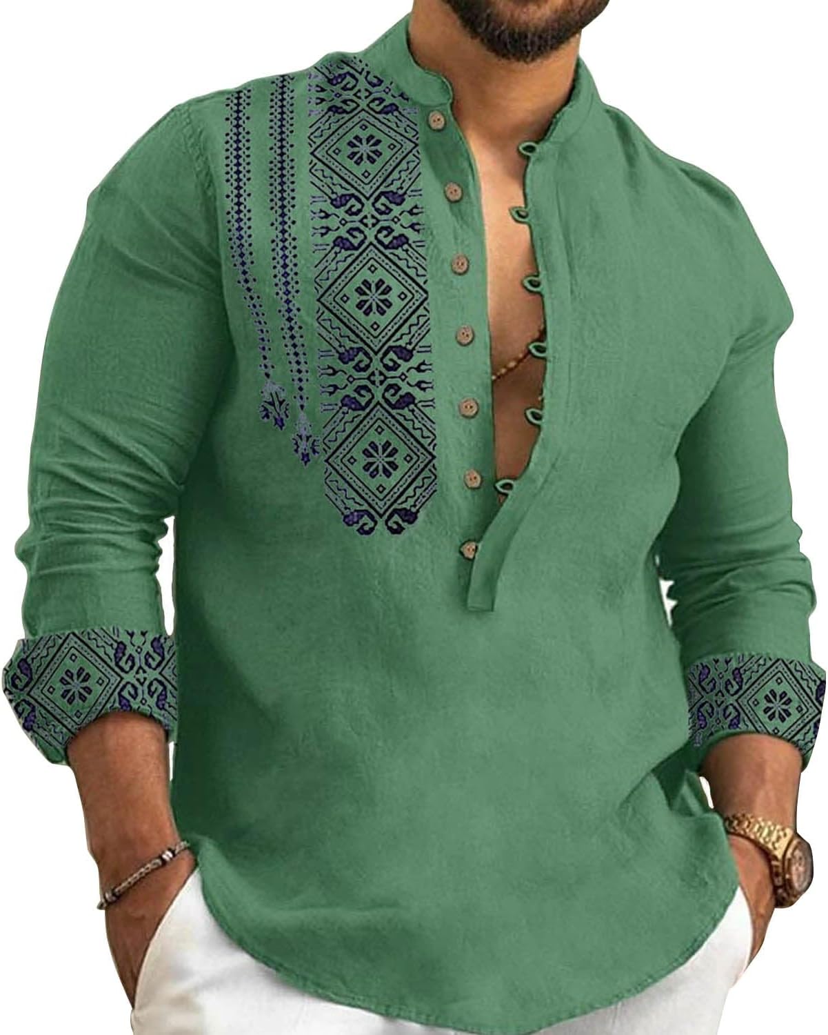 2024 Linen Shirts for Men Henley Long Sleeve Casual Banded Collar Button Vintage Beach Hawaiian T Shirt