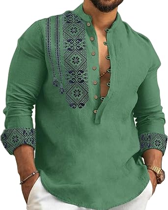 2024 Linen Shirts for Men Henley Long Sleeve Casual Banded Collar Button Vintage Beach Hawaiian T Shirt