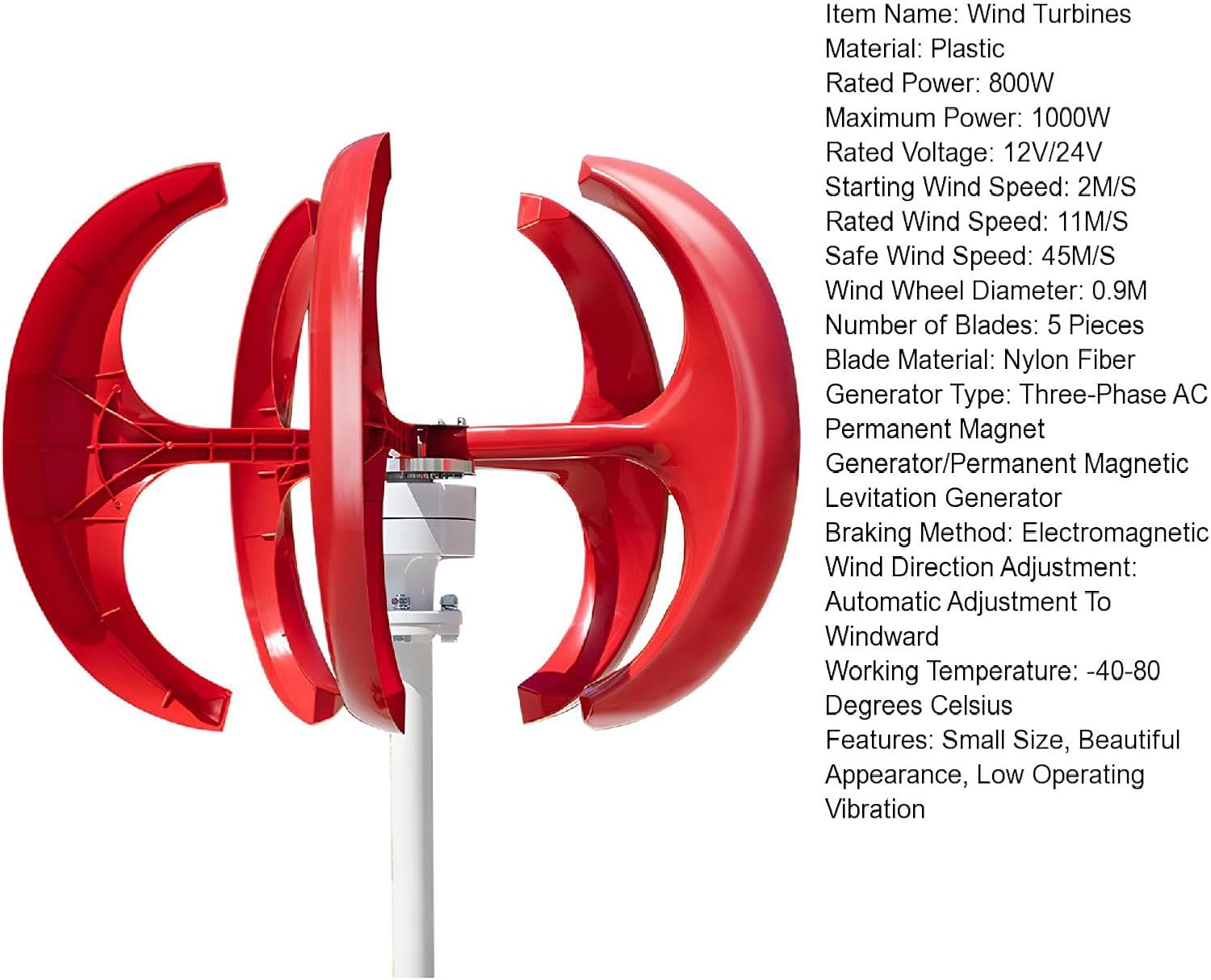 1000W 12V/24V Upgraded Wind Turbines Generator, 5-Blade Lantern Wind Turbines Generator Kit, Electromagnetic Electricity Producer Equipment Red