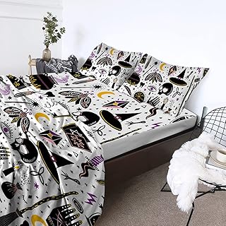 BlessLiving Witchcraft Pattern Sheet Set, Queen Size, 4 Piece Set, Halloween Witch Items Bedding with Deep Pocket, Wrinkle, Fade Resistant and Machine Washable