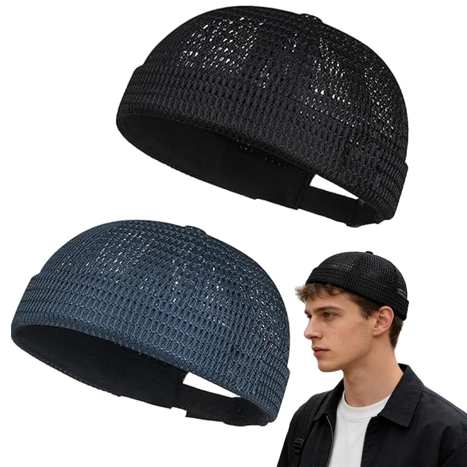 2 Pièces Bonnet Docker, Été Maille sans Bord, Visiere Casquette Skullcap, Travailleur Chapeau, Fashion Réglable,Casquette sans Visièr,Casquette de Marinier Roulé Cuff, Retro Beanie Hat pour Homme