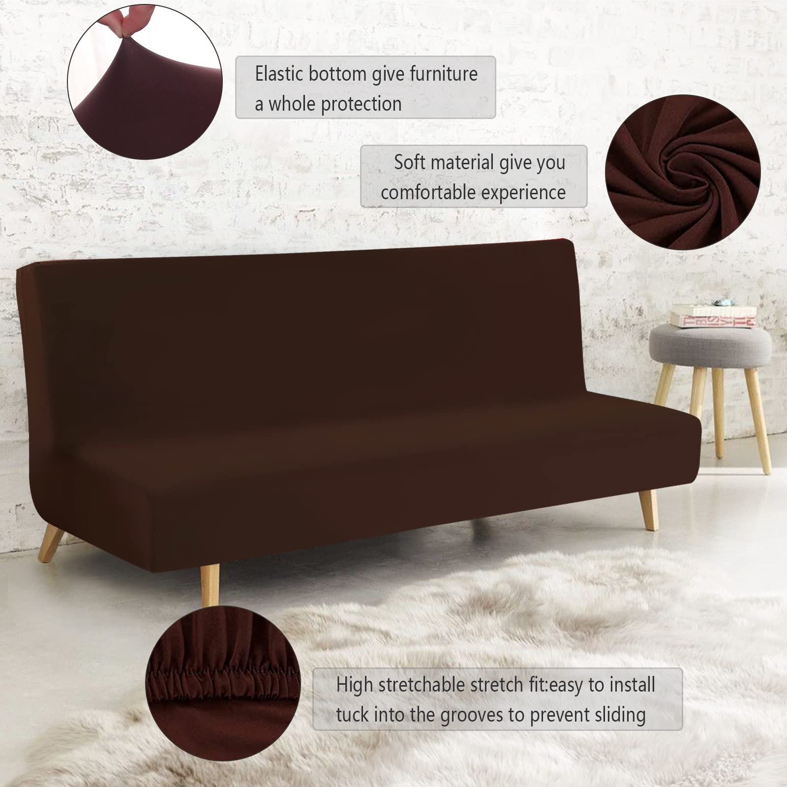 FIGOOO Copridivano senza Braccioli 3 Posti Elasticizzato Copridivano Letto Pieghevole Universale Spandex Fodera per Futon a Tinta Unita Coperture Divano Clic Clac per Soggiorno Casa,Marrone Scuro