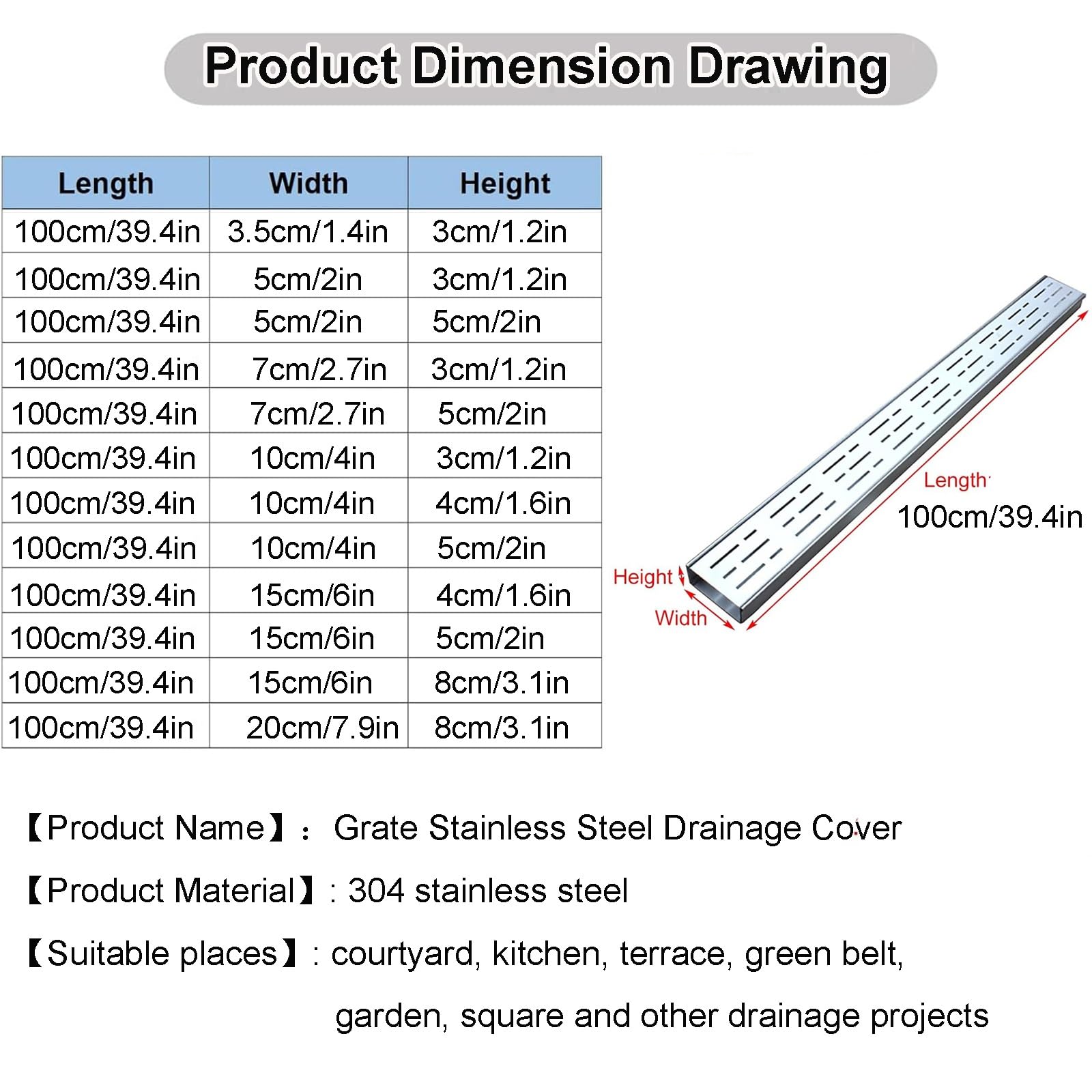 Genérico Desagüe de Canal Delgado de Acero Inoxidable con Rejilla - Kit de Drenaje de Zanja para Interiores y Exteriores, Recortable a Medida para Jardines, Patios, pasillos y garajes (15x5cm/6x2in)