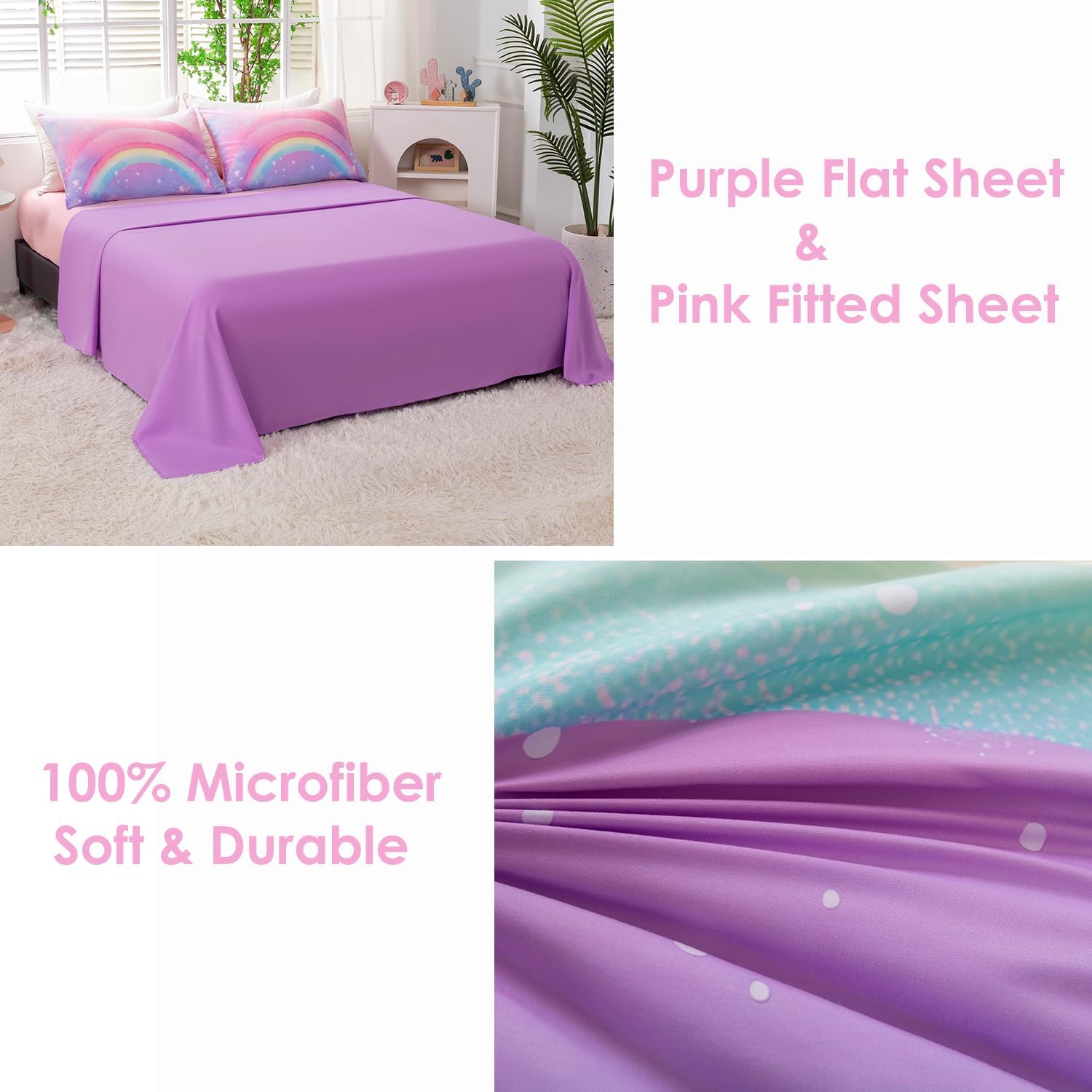 Glitter Rainbow Twin Girls Comforter Set, 6 Pieces Colorful Galaxy Tie Dye Bedding Set, Pink Purple Ombre Kids Bed in A Bag with Sheets(Glitter Rainbow, Twin)