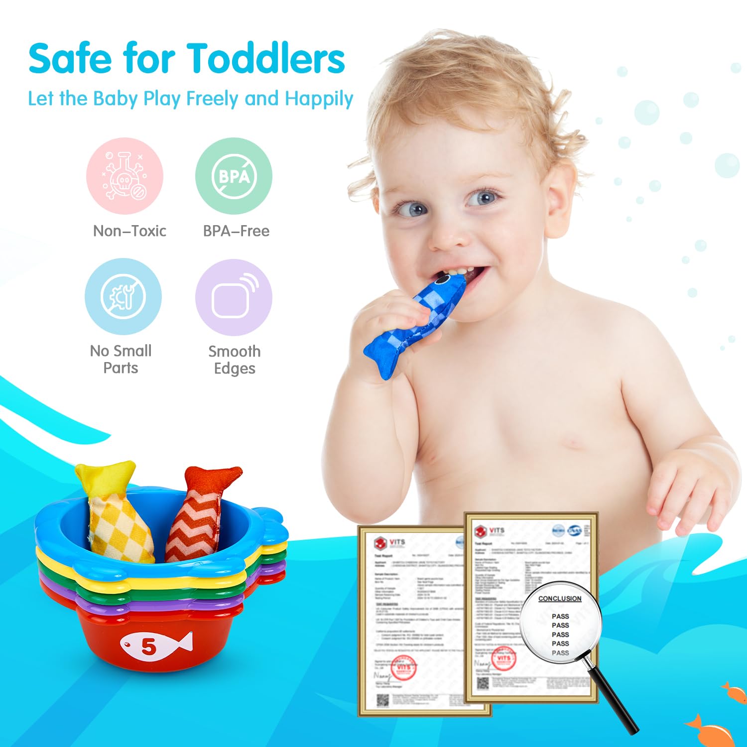 Montessori - Juego de pesca para niños pequeños de 1 a 3 años, regalo de cumpleaños 10 en 1, juego de pesca de tela para niños pequeños de 1 año con tazas apilables, conteo de números 5