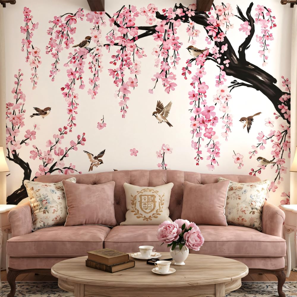 3/4PCS Floral Bird Wall Decals, Self-Adhesive Green Leaf Blossom Wall Stickers, Peach Blossoms Wall Decal for Bedroom Living Room Sofa Background Decor