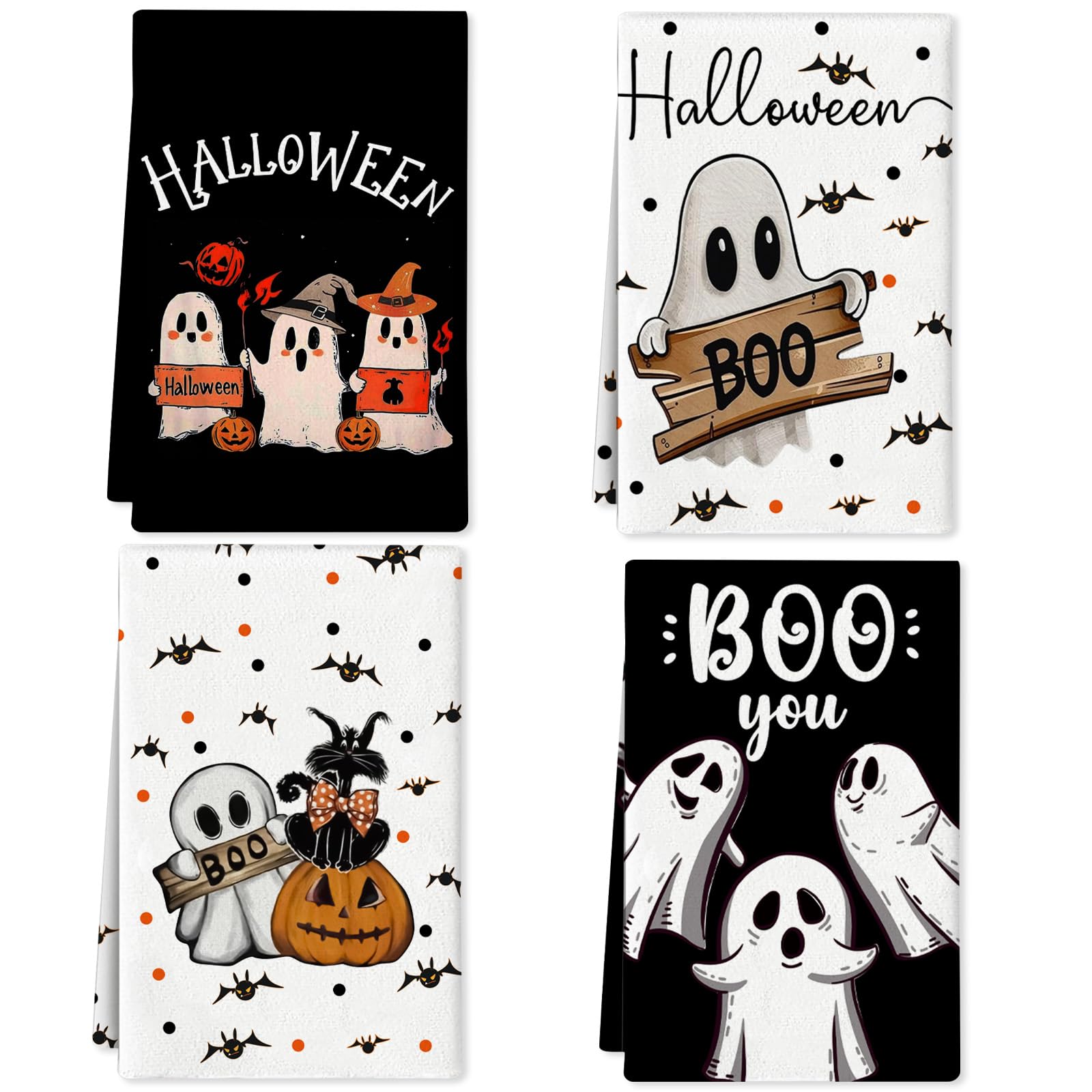 Zeptrix 4 Pcs Halloween Kitchen Towels Funny Hand Towels for Bathroom | 16x24 Inch Spooky Boo Ghost Dish Cloths Pumpkin Bat Ghost Halloween Bathroom Decortions Housewarming Gift for Home Wall Decor