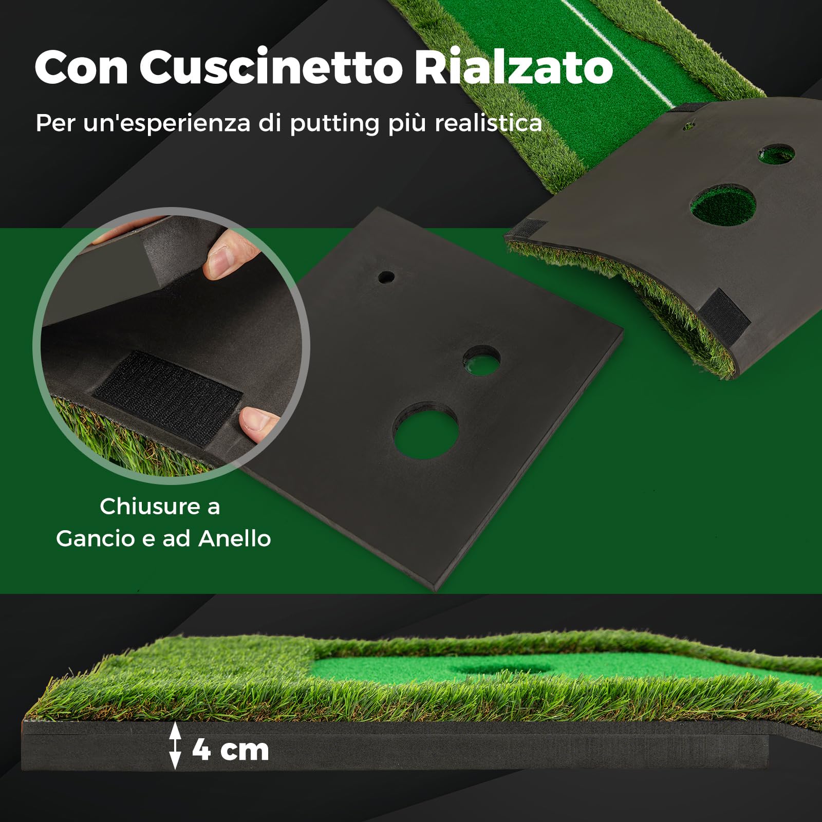 GYMAX Tappeto da Allenamento Golf 300 CM con 3 Palline, 2 Buchi, Green Artificiale, Tappeto da Putting Pong Antiscivolo per Casa, Ufficio