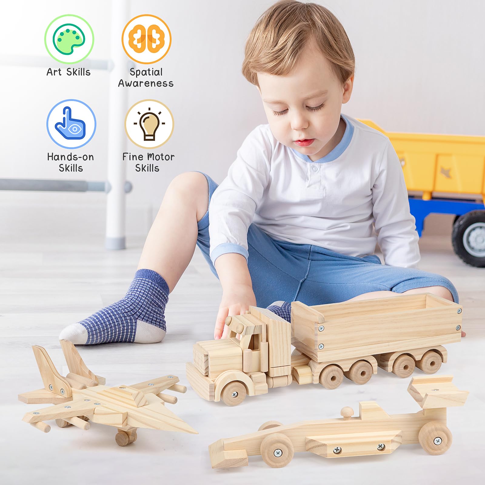Jacootoys Juego de construcción de madera para niños, juego de construcción de madera para niños, kit de construcción de madera con pinturas y pinceles para niños y niñas, avión de combate, camión | STEM - Kit de pintura y pinceles para niños, juguete de