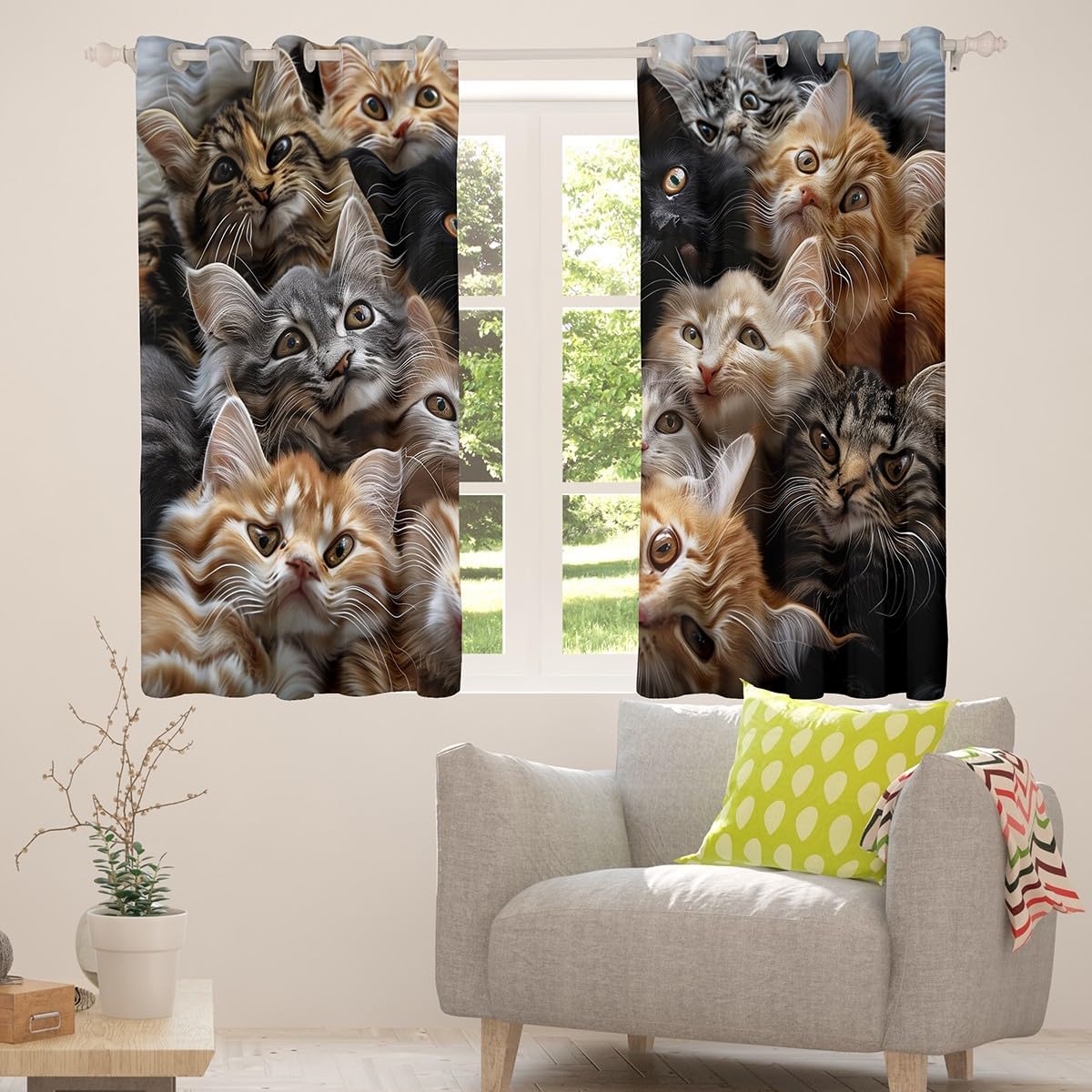 Feelyou Cute Cat Family Curtains Cute Kitten Window Drapes Treatments for Kids Boys Girls Pet Animal Window Drapes Kawaii Animal Window Treatments, 52W X 90L,2 Panels