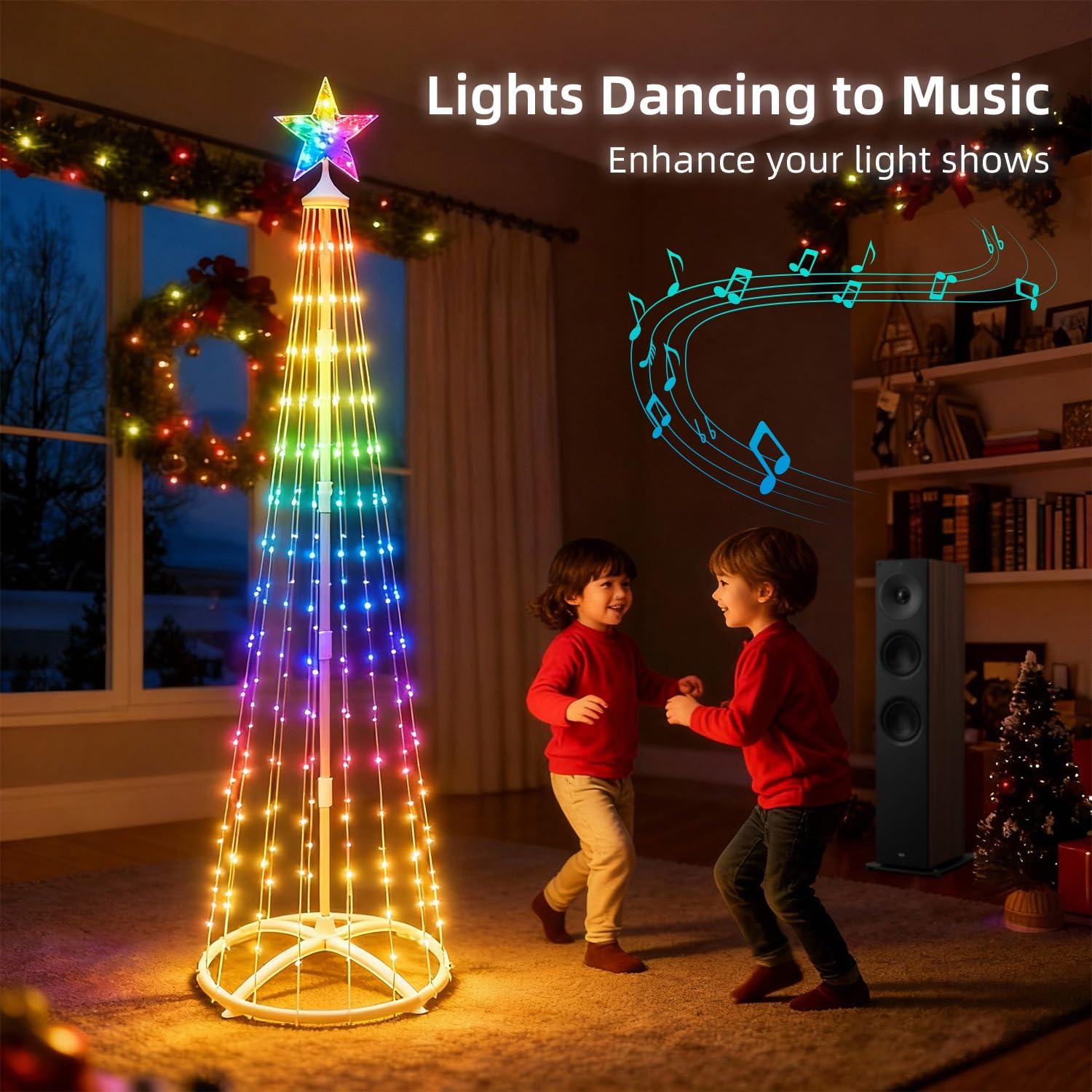 3 Pack Christmas Cone Tree Outdoor, 5' 6' 7' Wire Prelit Smart Christmas Led Tree with 8 Modes Remote, Lighted Artificial Christmas Tree for Outside Yard Patio Decorations