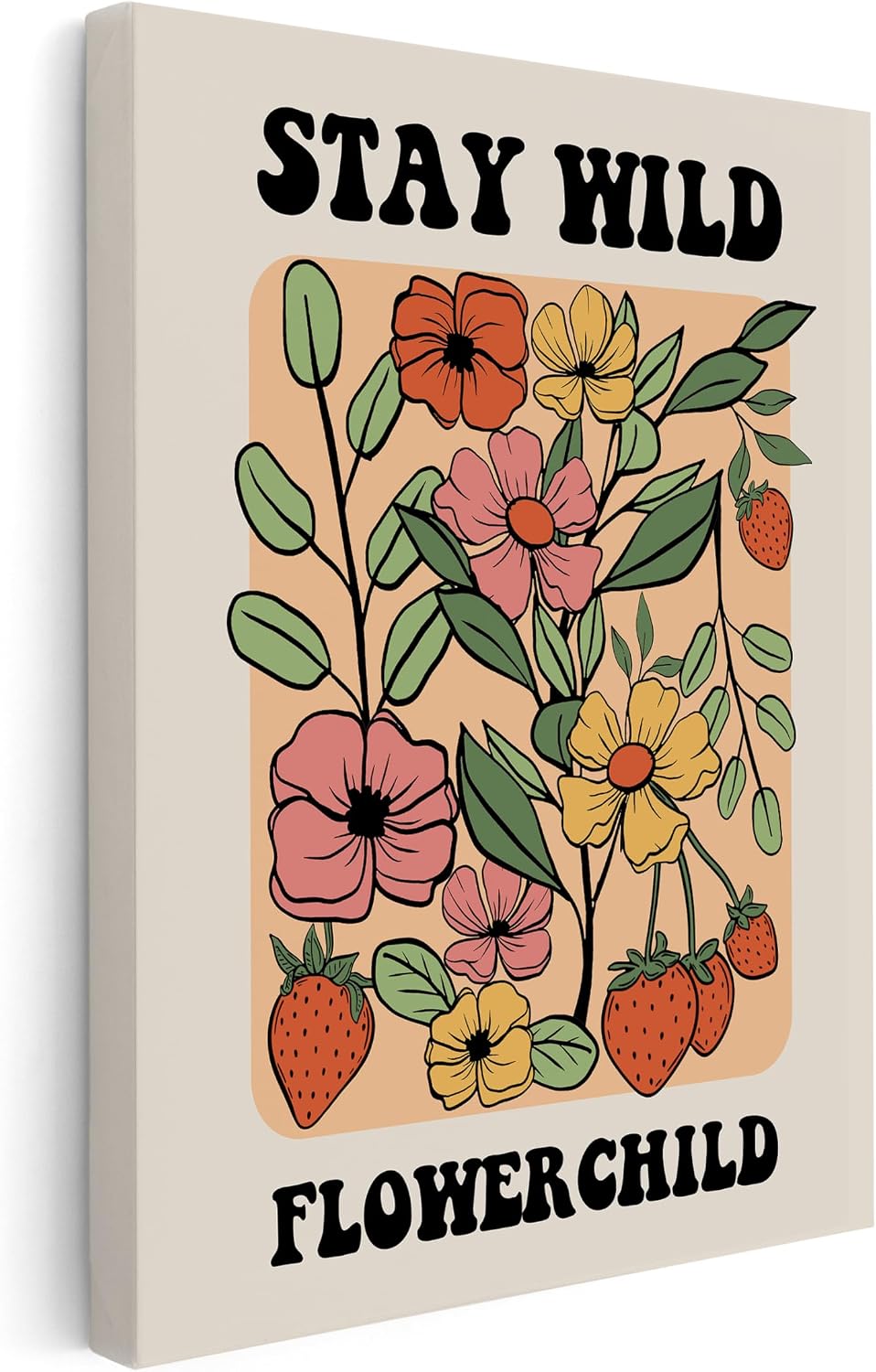 Poster Master Stay Wild Flower Child Canvas - Retro Strawberry Print - Trendy Floral Art - Preppy Wildflowers Wall Design - Chic Boho Office or Living Room Wall Decor - 8x10 STRETCHED Canvas