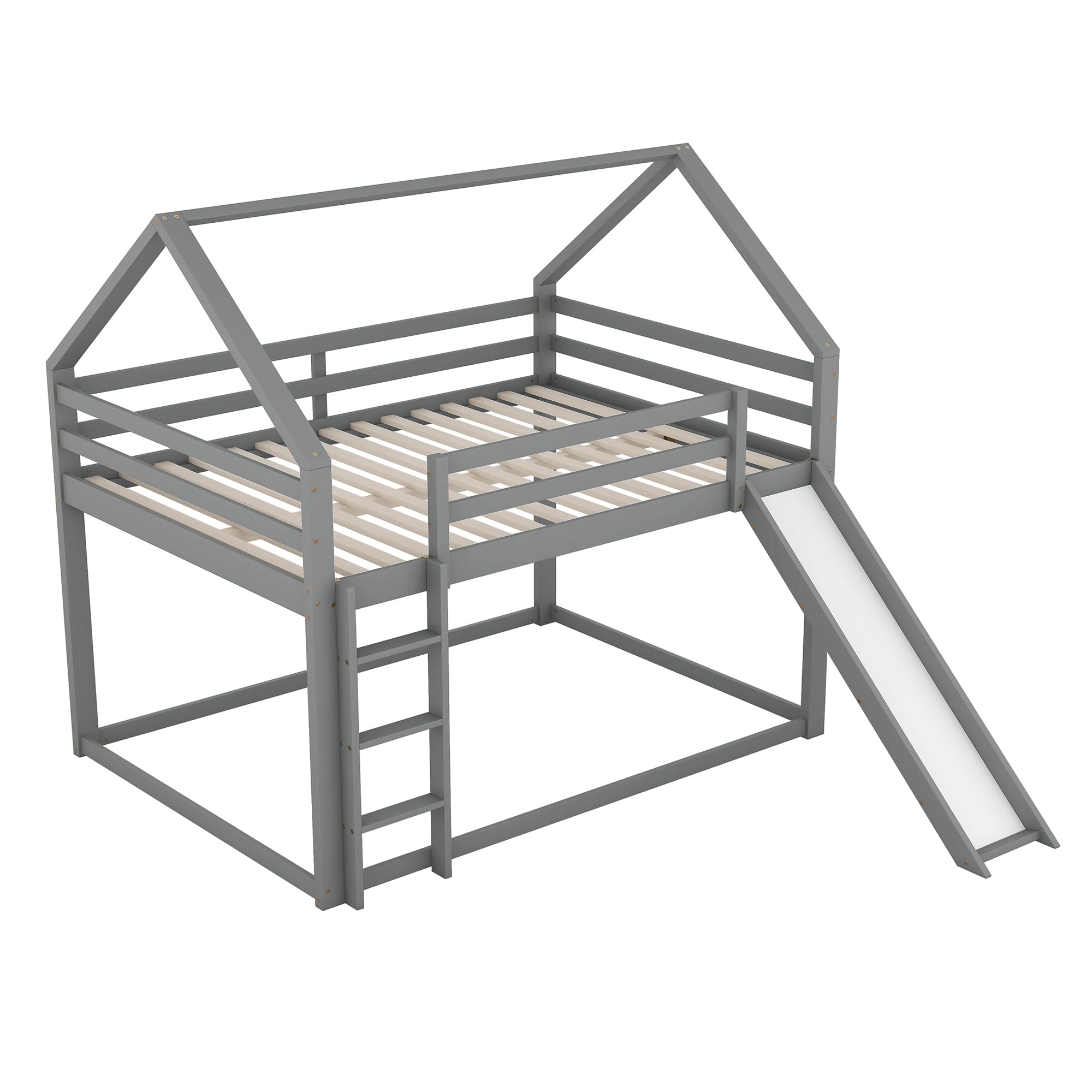 140x200 cm Etagenbett Kinder Holzbett mit Lattenrost und Rausfallschutz, Hausförmiges Bett mit kindgerechter Rutsche und Leiter, Kinderzimmer Doppelstockbett, Ohne Matratze, Grau