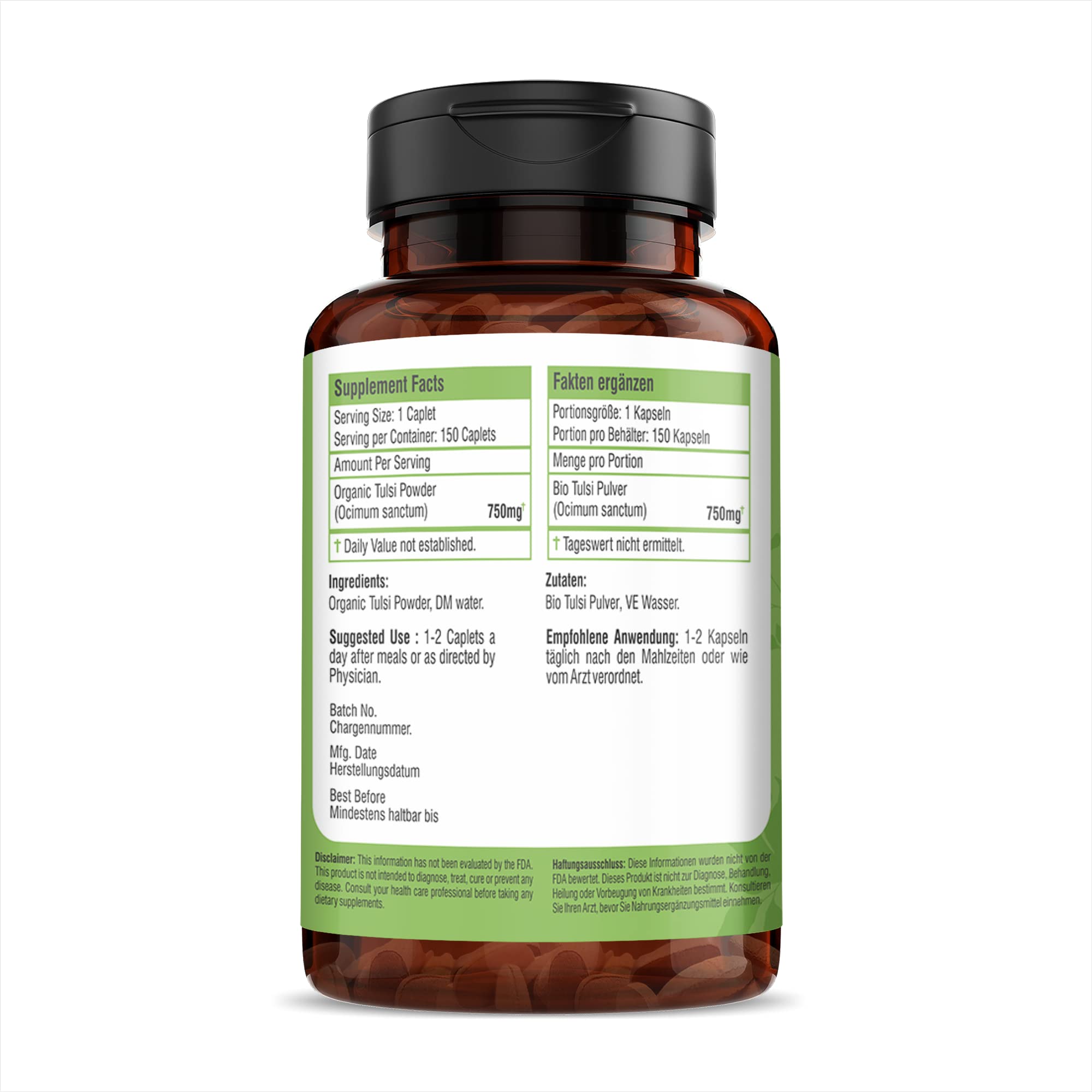 Tulsi/Holy Basilikum-Kapseln (Ocimum Sanctum) – 750 mg, 150 Stück | Atemwegs-Wellness