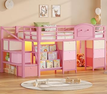 VIAGDO Low Loft Bed Twin Size with 9 Storage Drawers, Bookcase and LED Lights, Metal Kids Loft Bed with Wide Staircase, Open Shelves and Safety Guardrail, Twin Loft Bed with Under-Bed Playhouse, Pink