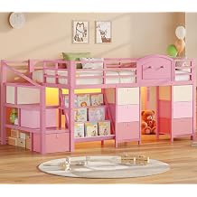 VIAGDO Low Loft Bed Twin Size with 9 Storage Drawers, Bookcase and LED Lights, Metal Kids Loft Bed with Wide Staircase, Open Shelves and Safety Guardrail, Twin Loft Bed with Under-Bed Playhouse, Pink