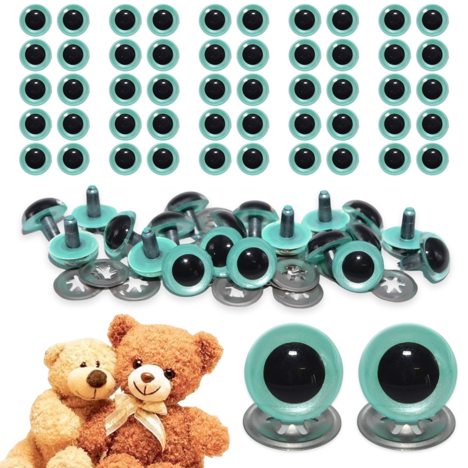 celloexpress 15mm Aqua Blue Pearl Crystal Eyes with Metal Backs - Safety Eyes for Soft Toy Teddy Bear Animal Making (Pack of 50 Pairs)