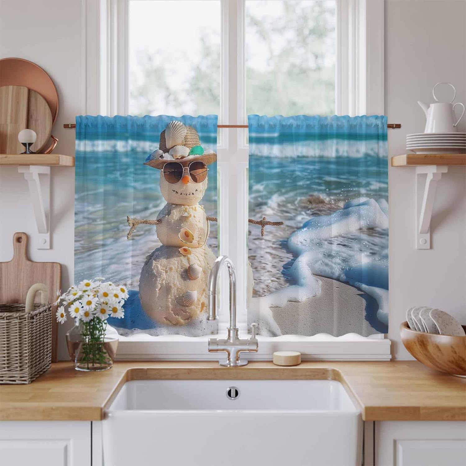 Coastal Snowman Christmas Kitchen Tier Curtains 45 Inch Long 2 Panel Set,Rod Pocket Short Window Treatment,Xmas Beach Sea Nautical Light Filtering Curtains & Drapes for Bathroom Basement 27.5"W x 45"L