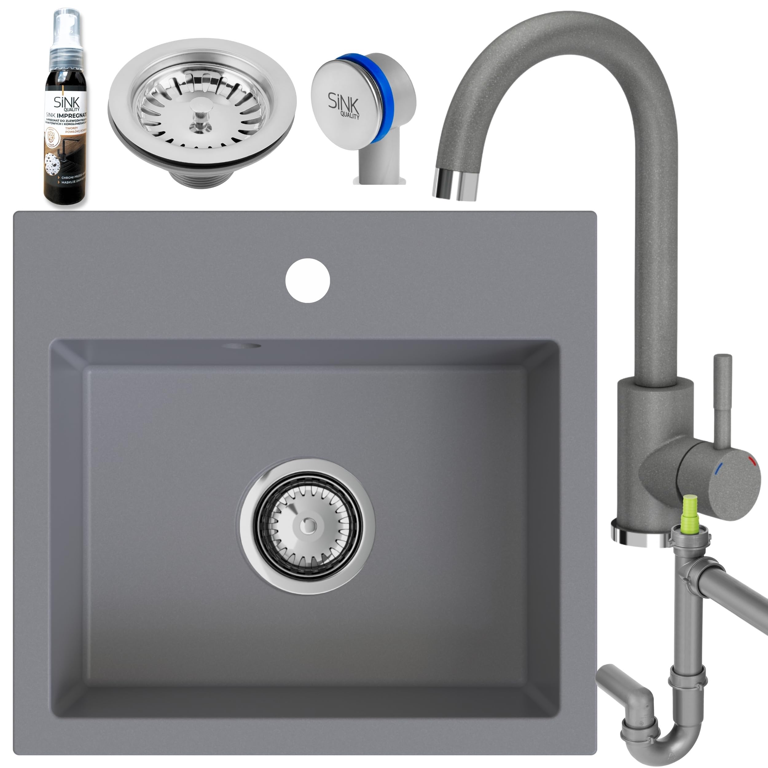 SINK Quality szary zlewozmywak z armaturą zestaw 45 × 42 cm – zlewozmywak z kranem, syfonem i impregnacją – kompletny zestaw z granitu – zlewozmywak do szafki pod umywalkę od 45 cm