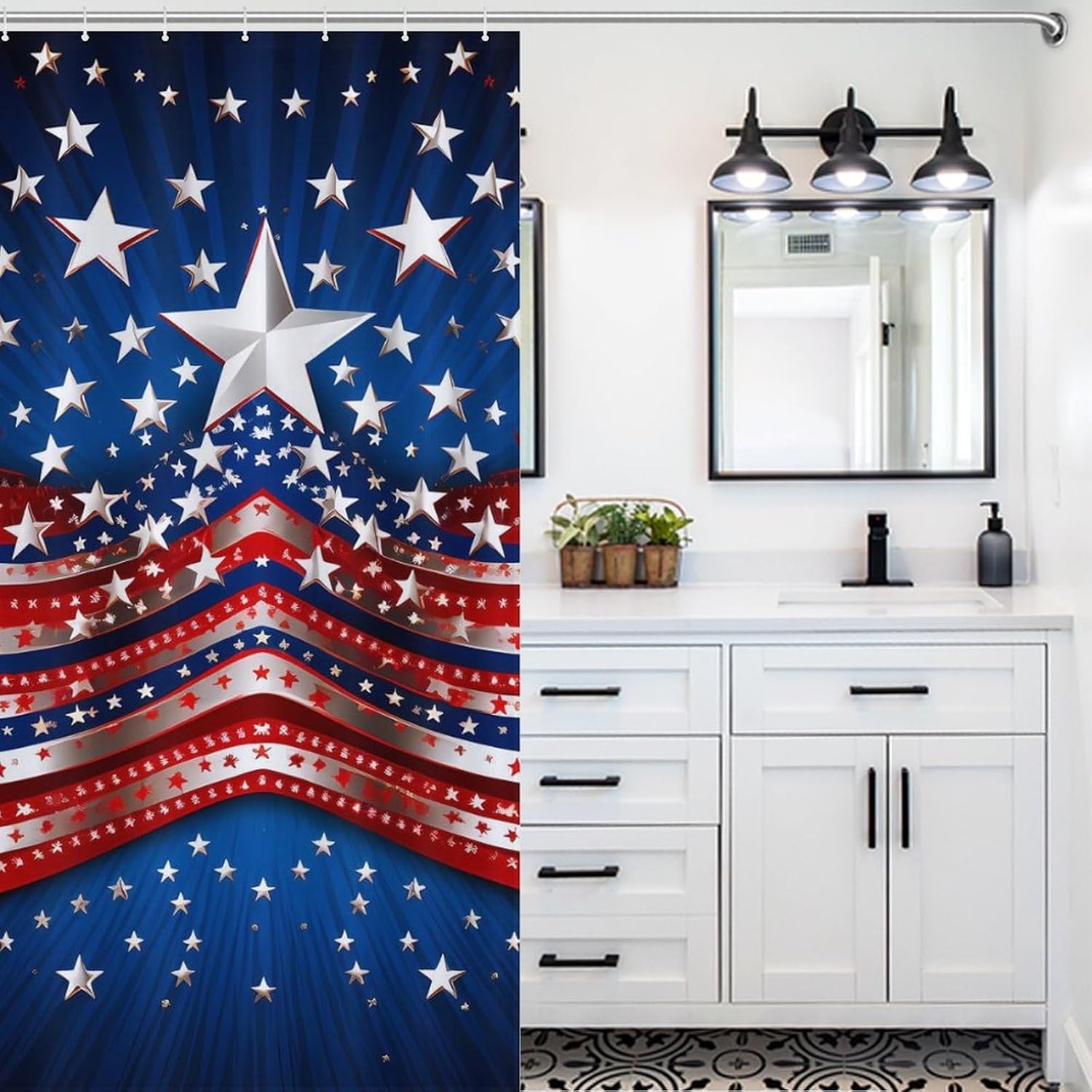 Independence Day U.S. Stars Funny Shower Curtains Washable Bath Curtain Liner with Hooks for Bathroom Bath Tubs