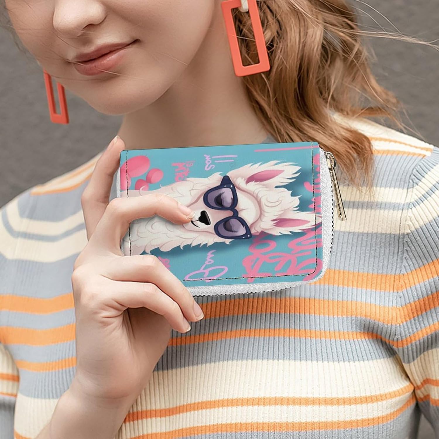 Leather Card Organizer Case Card Wallet Credit Card Holder Cool Liama Printed Zipper Card Cases Holder for Women Men