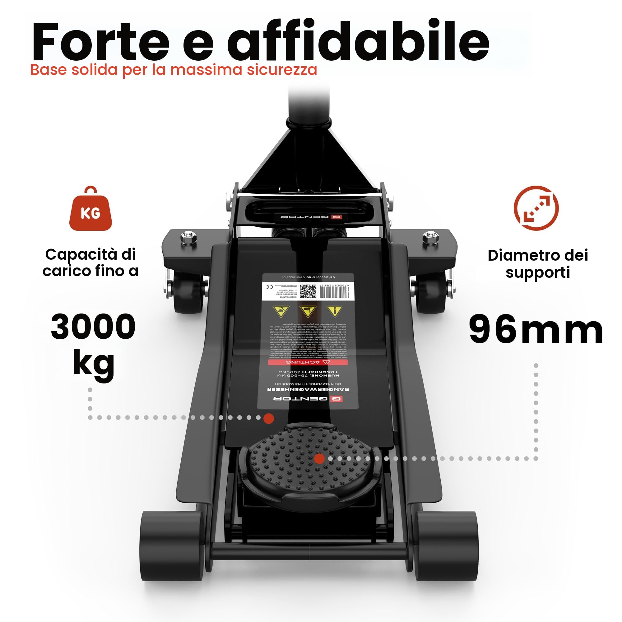 Cric Idraulico 3T 75 505 mm Professionale Auto SUV Sollevatore Pesante Ruote 360° Nero