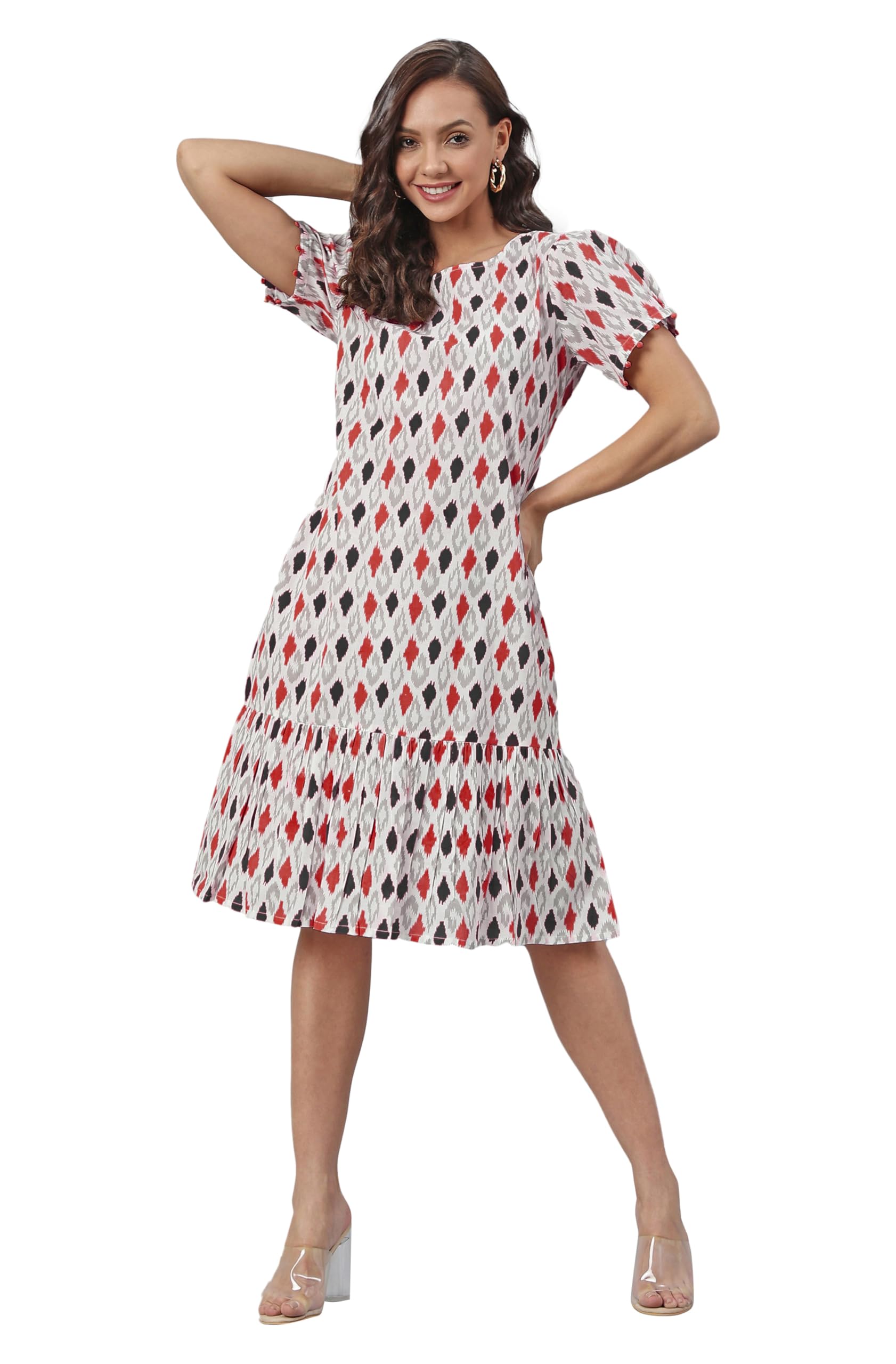 JanasyaWomen's Pure Cotton Ikkat Printed A-Line Dress
