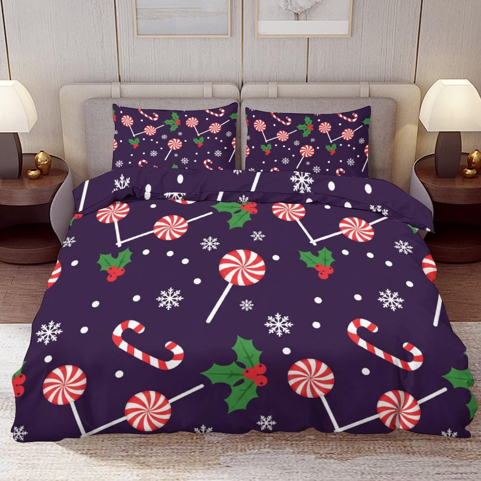 Delerain Comforter Cover Set King Size, Christmas Candy and Holly 3-Piece Bedding Set for Women Men Modern Soft Microfiber Bedroom Set Room Decor, 1 Duvet Cover + 2 Pillowcases
