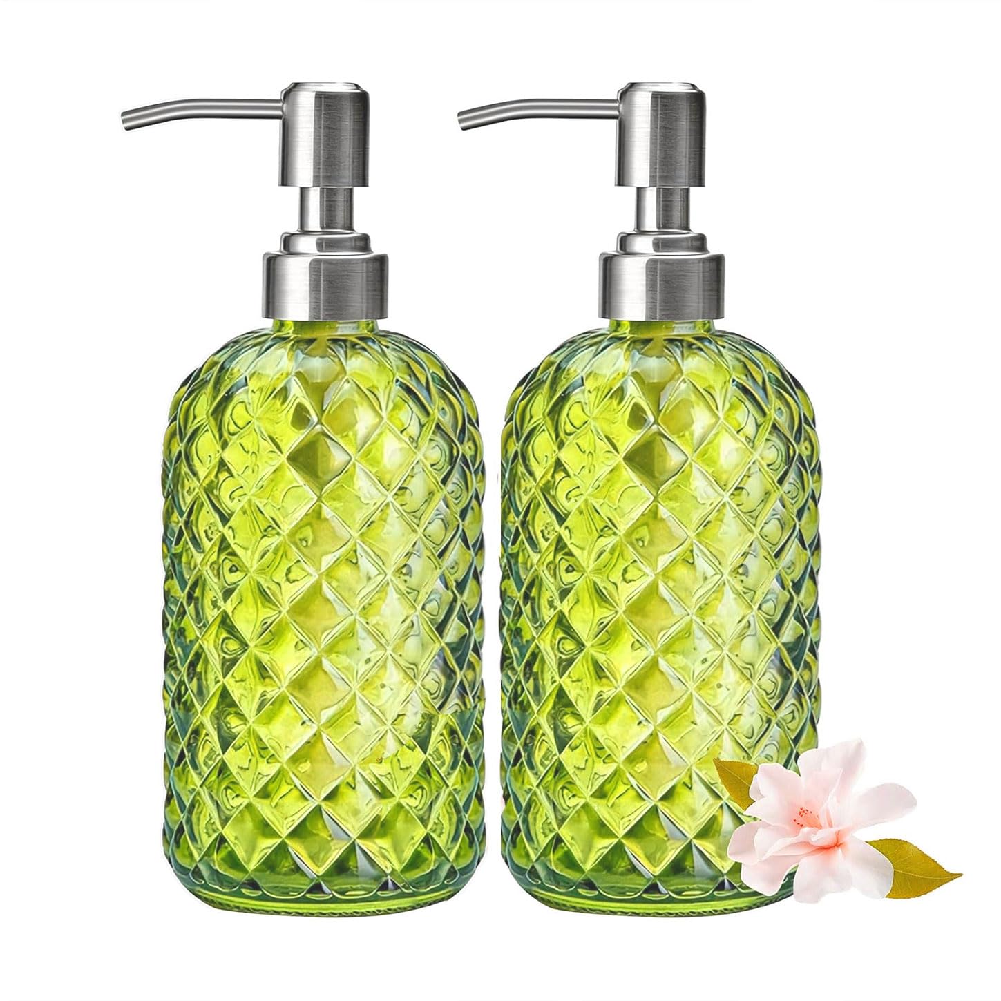 2Pcs Glass Soap Dispenser Green - 350ml/ 16 Oz Hand Soap Dispenser with Rustproof Stainless Steel Pump Liquid Hand Jar Refillable Glass Bottle for Bathroom Countertop Kitchen Laundry Room