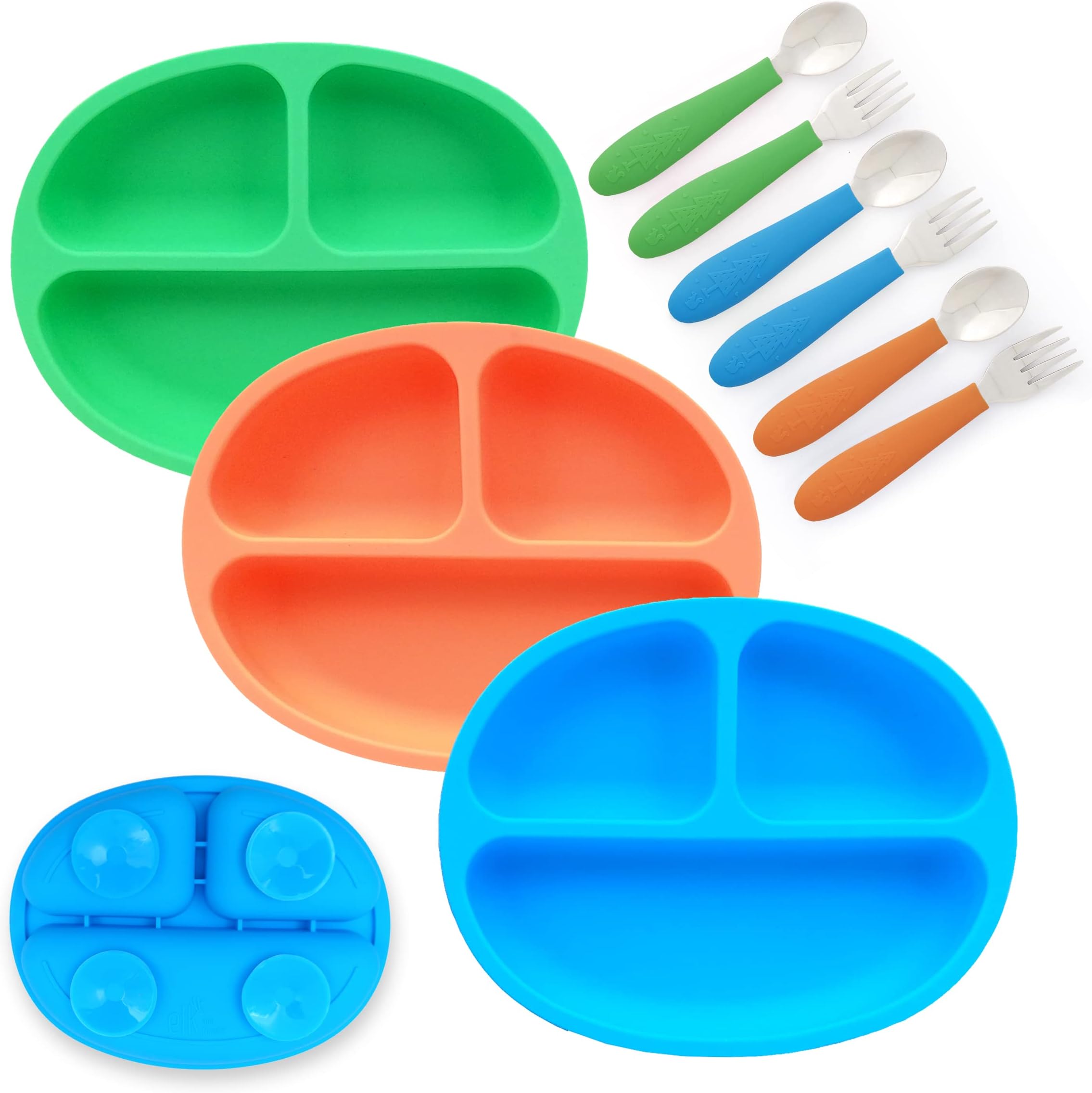 Elk and FriendsSilicone Suction Plate for Babies/Toddlers + Stainless Steel Silverware Feeding Set | Divided Plate | Suction Design | Forks + Spoons Included | 3 Pack