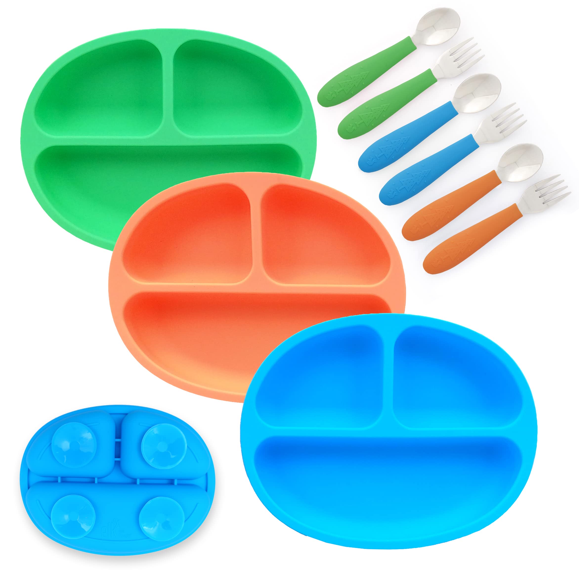 Elk and FriendsSilicone Suction Plate for Babies/Toddlers + Stainless Steel Silverware Feeding Set | Divided Plate | Suction Design | Forks + Spoons Included | 3 Pack