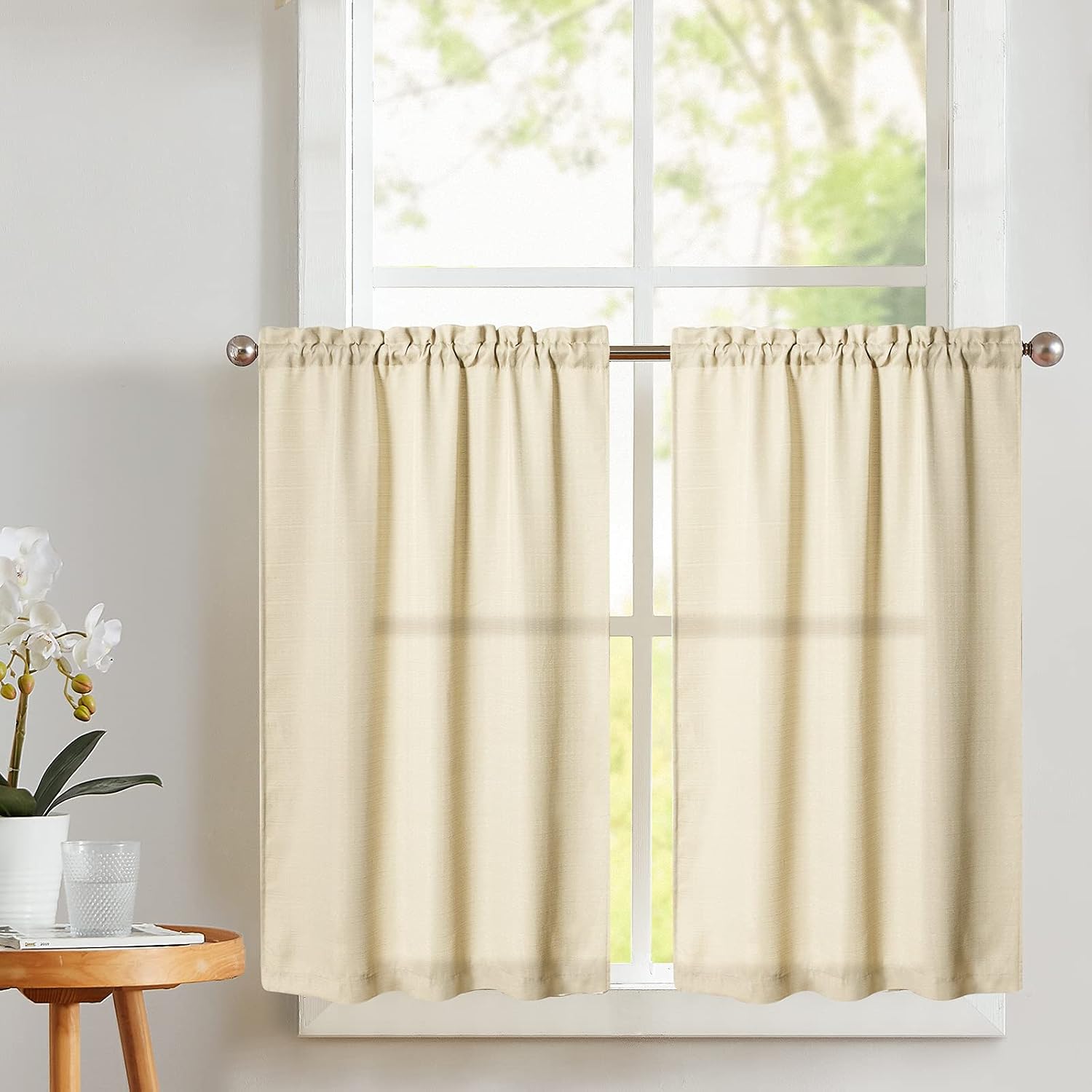 Vangao Beige Kitchen Curtains 45 Inch Tier Curtains Weave Textured Cafe Curtains for Bathroom Farmhouse Country Semi Sheer Short Window Curtain Rod Pocket 2 Panels