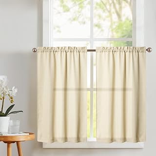 Vangao Beige Kitchen Curtains 24 Inch Length Casual Weave Textured Cafe Curtain Semi Sheer Short Curtain for Bathroom Bedroom Tier Curtains Rod Pocket Half Window Curtain 2 Panels