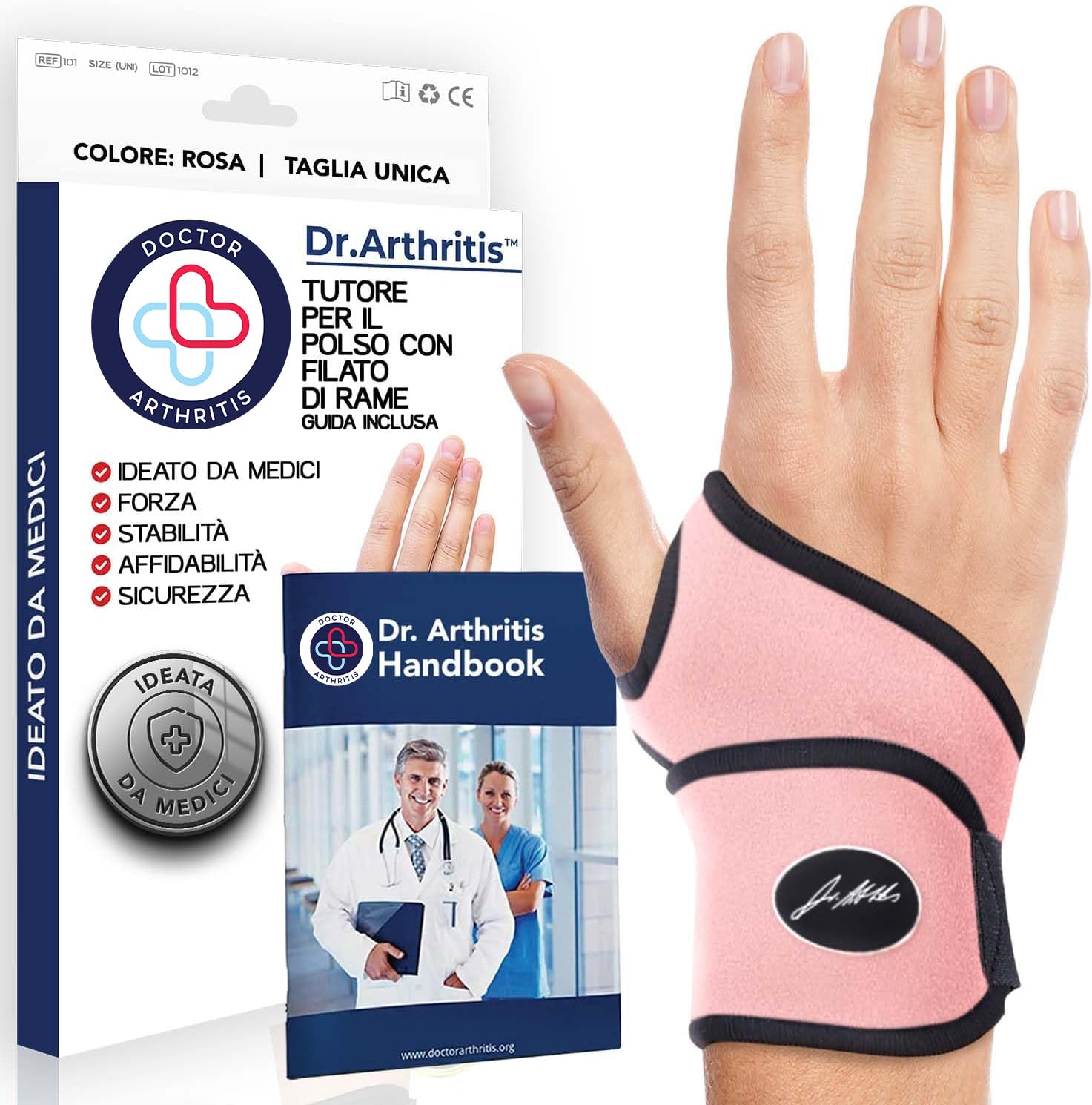 Tutore Polso con Rivestimento in Rame Ideato da Medici – Tutore Polso Sinistro e Destro per Tunnel Carpale – Fascia di Supporto con Chiusura a Strappo (Taglia Unica, Confezione Singola, Rosa)