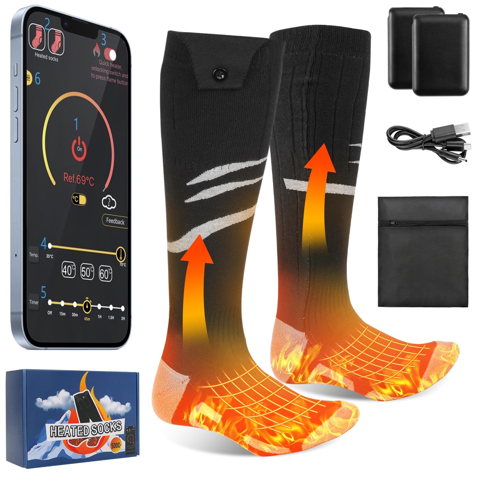 Calzini Riscaldati con APP Potenziati Batteria Ricaricabile da 5000mAh Calzini Riscaldati Elettrici per Uomo e Donna 4 Temperature Regolabili Ciclismo all'Aperto Campeggio Trekking Moto Sci L