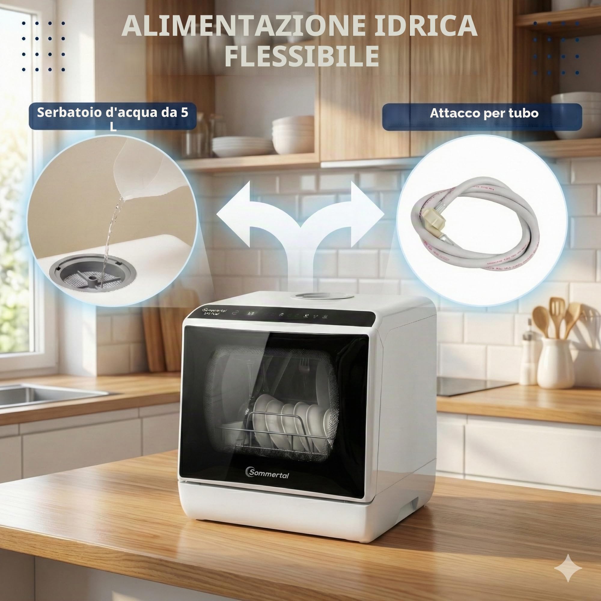 Sommertal SP5 Dual - Mini lavastoviglie - Camping lavastoviglie o lavastoviglie fino a 4 coperti, serbatoio da 5 l, 6 programmi, copertura di pulizia a 360°, approvvigionamento idrico flessibile