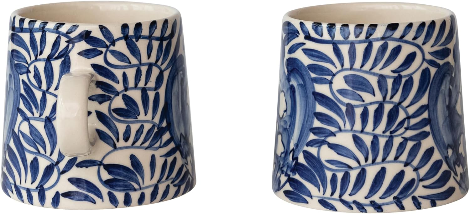 Creative Co-Op 10-oz Stoneware Mug with Geometric Design, Blue, Set of 4