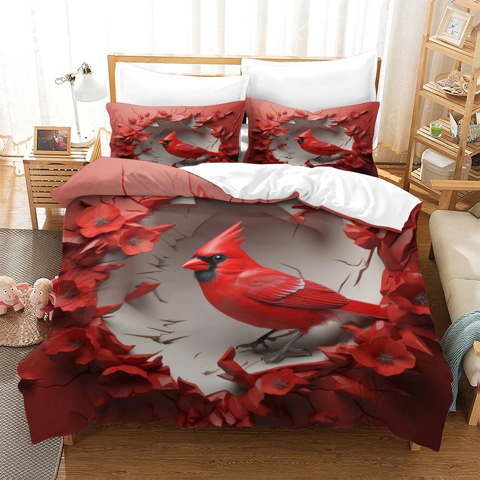 P1S9U7W5Y 3D Printed Cardinal Feather Duvet Cover Set 3 Pieces Microfiber for Adults Bedroom Decor Red Bird Bedding Set Soft Gift King（220x240cm）