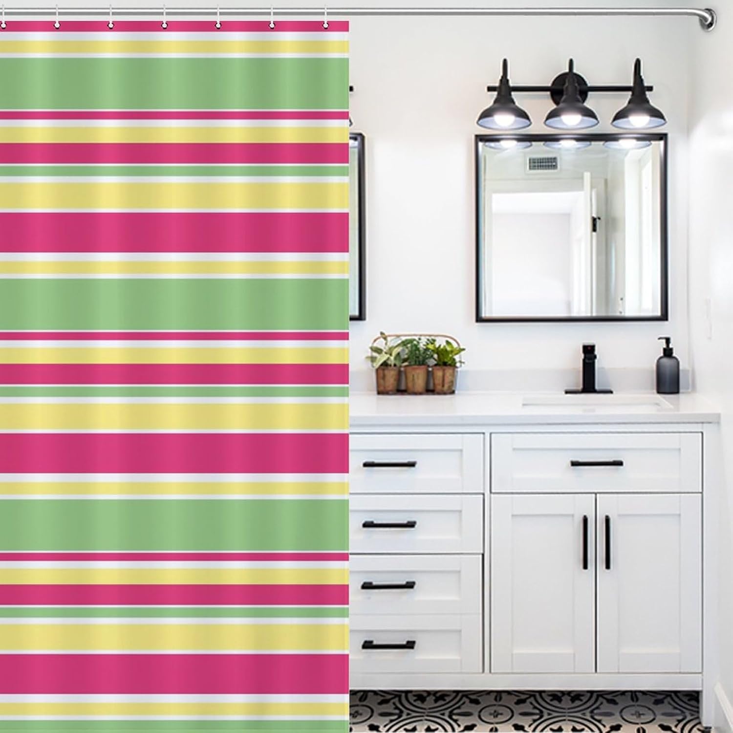 Shower Curtain Liner Set, Pink, Green and Yellow Stripes Waterproof Washable Bathroom Curtains with 12 Hooks, 60 x 72inch