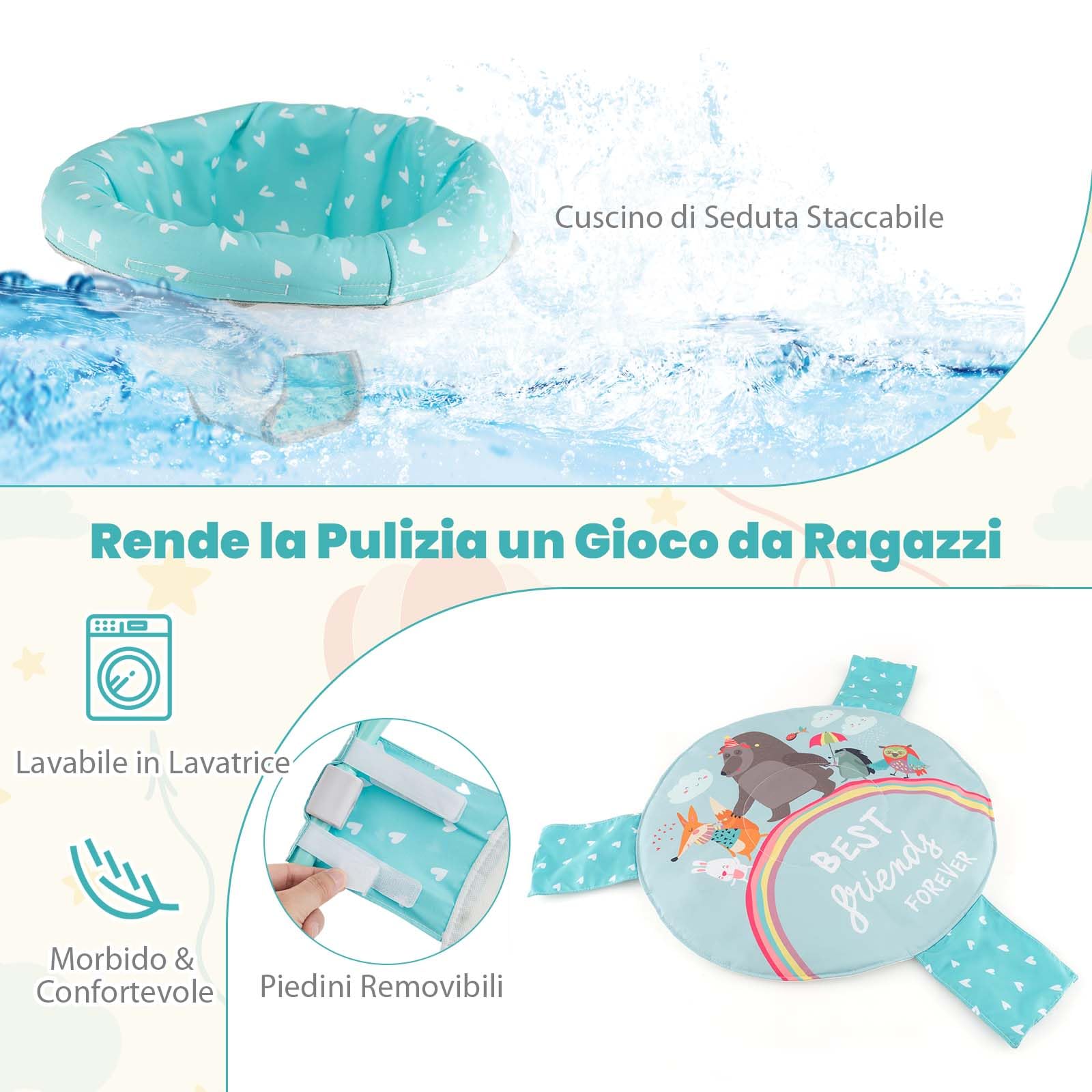 GYMAX Girello Centro attività, Piattino Rimbalzante per Neonati, 3 Altezze Regolabili, Sedile Girevole a 360°, Giocattoli Interattivi, Sdraietta con Musica e Luci per Bambini 6+ Mesi (Blu)