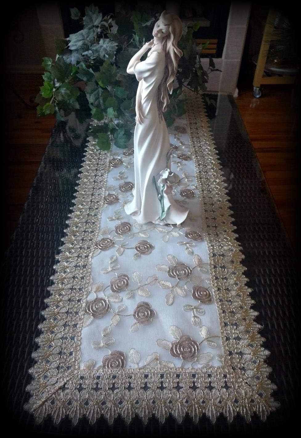 Galleria di Giovanni Dresser Scarf 54 Inch Metallic Gold Rose Lace Victorian Dresser ScarfTable Runner Doily