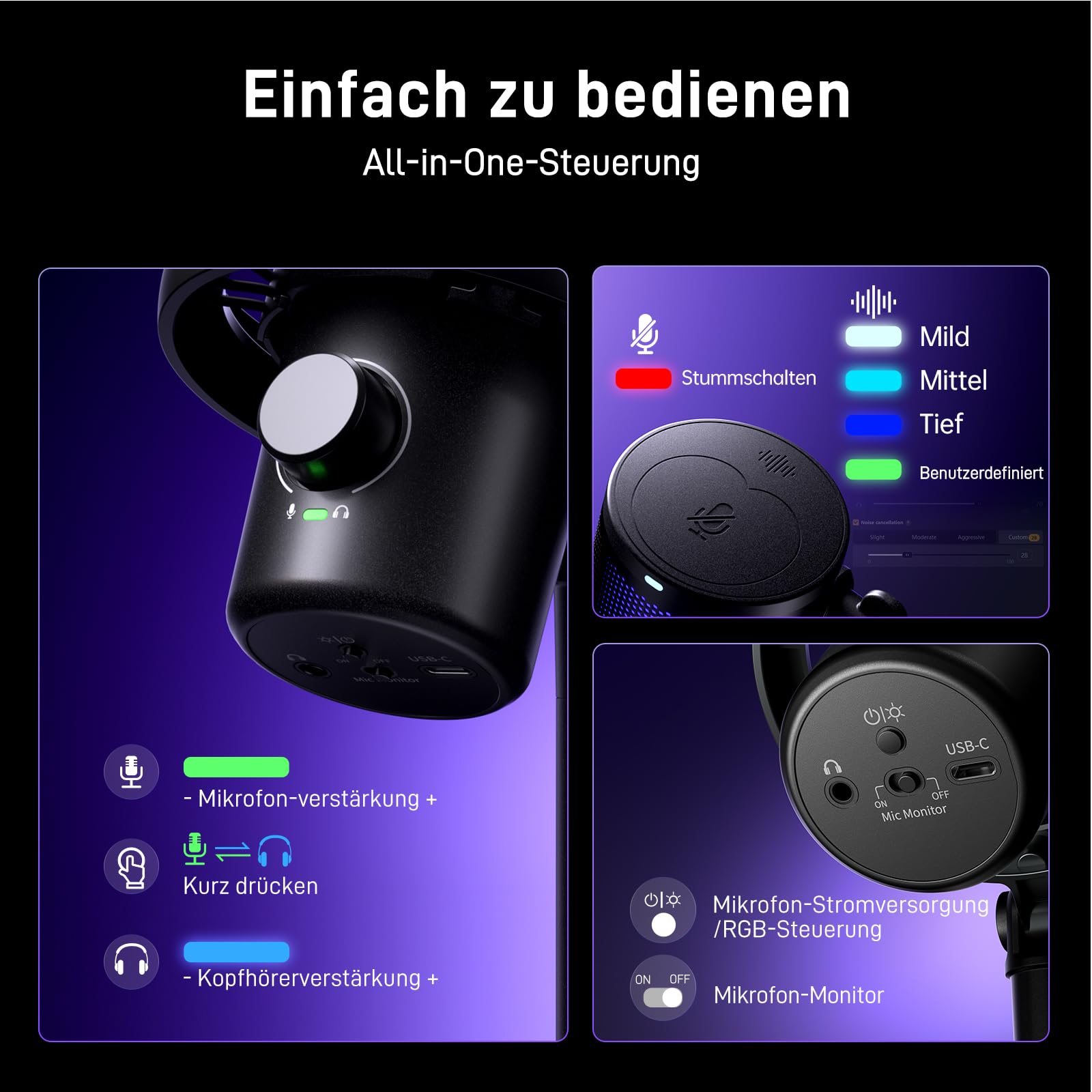 MAONO Mikrofon Kabellos für PC, Mikrofon PC mit Software-KI-Stimmänderung, 3-stufiger Rauschunterdrückung, Benutzerdefiniertem RGB-Licht, Stumm, für Gaming, Podcasting, Streaming, DM40 Pro Schwarz